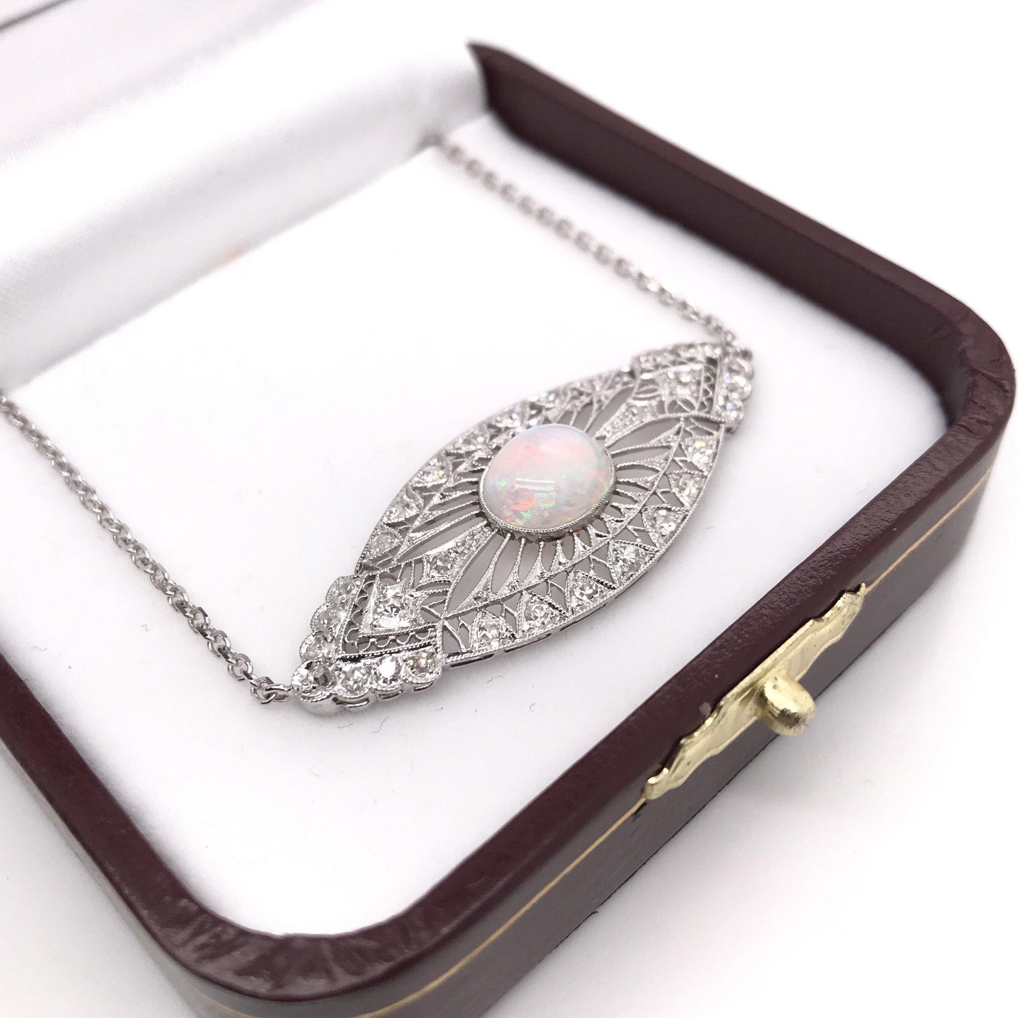 Art Nouveau Opal and Diamond Platinum Necklace 3