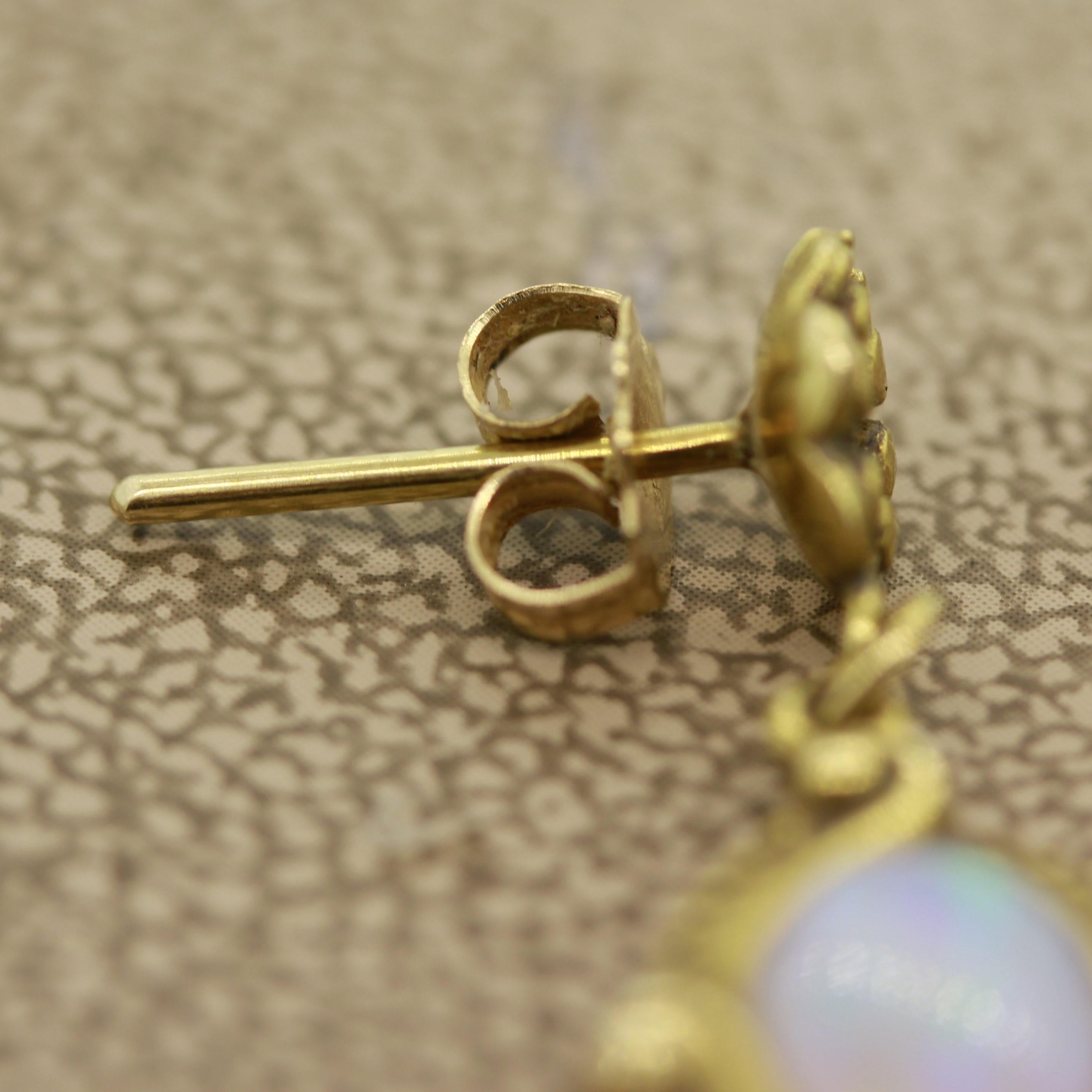 Oval Cut Art Nouveau Opal Gold Drop Earrings