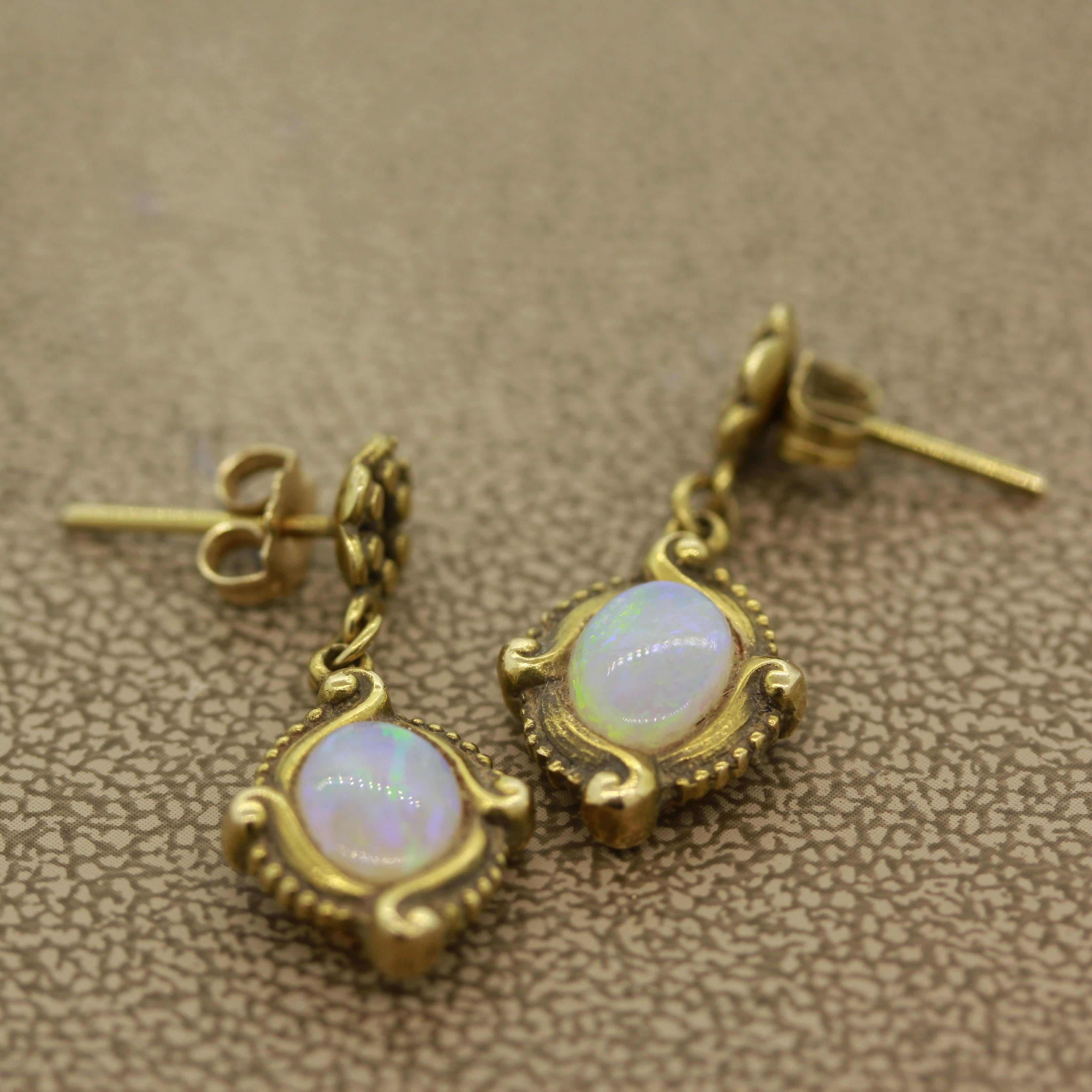 Art Nouveau Opal Gold Drop Earrings In Excellent Condition In Beverly Hills, CA