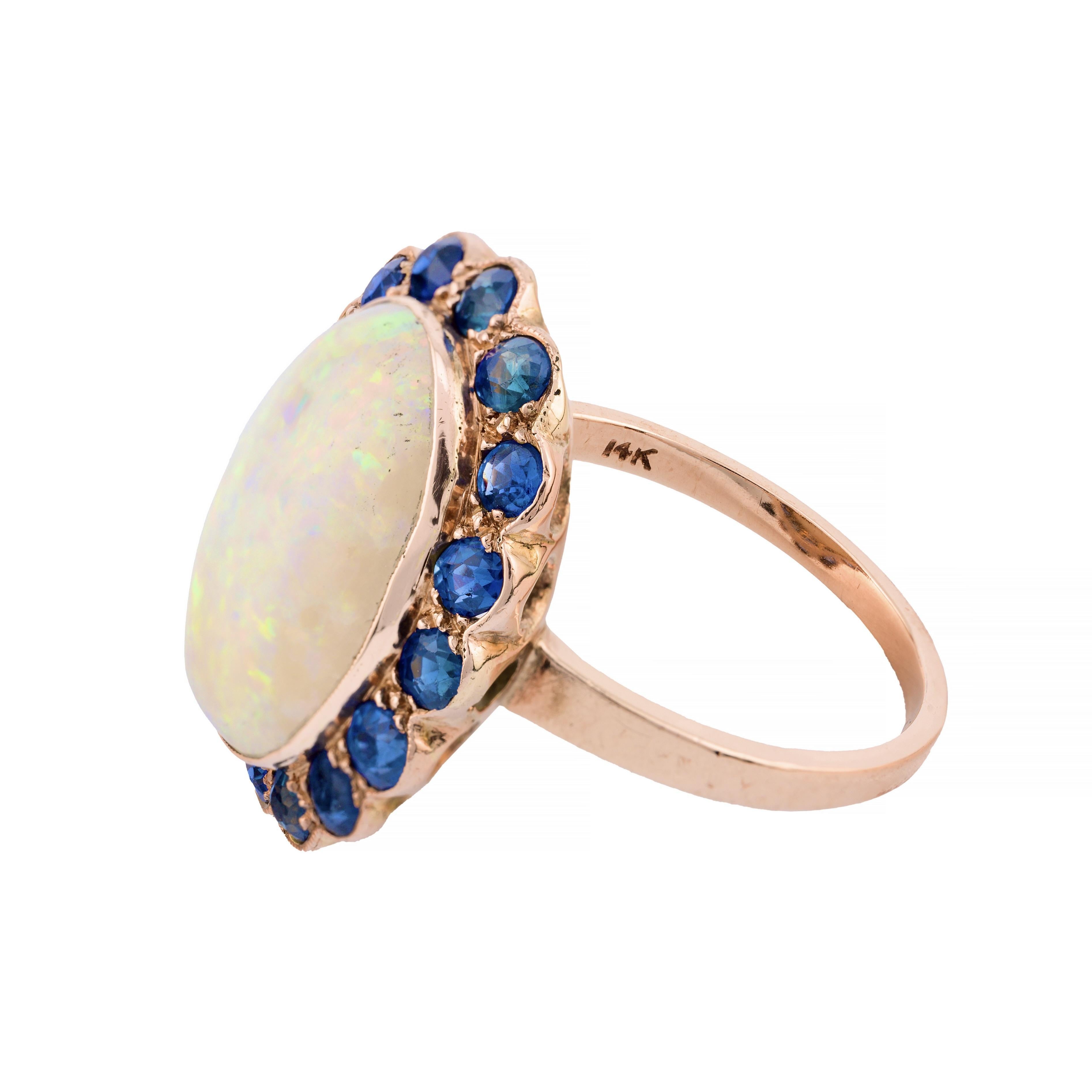Cabochon Art Nouveau Opal & No Heat Blue Sapphire Ring in 14 Karat Yellow Gold For Sale