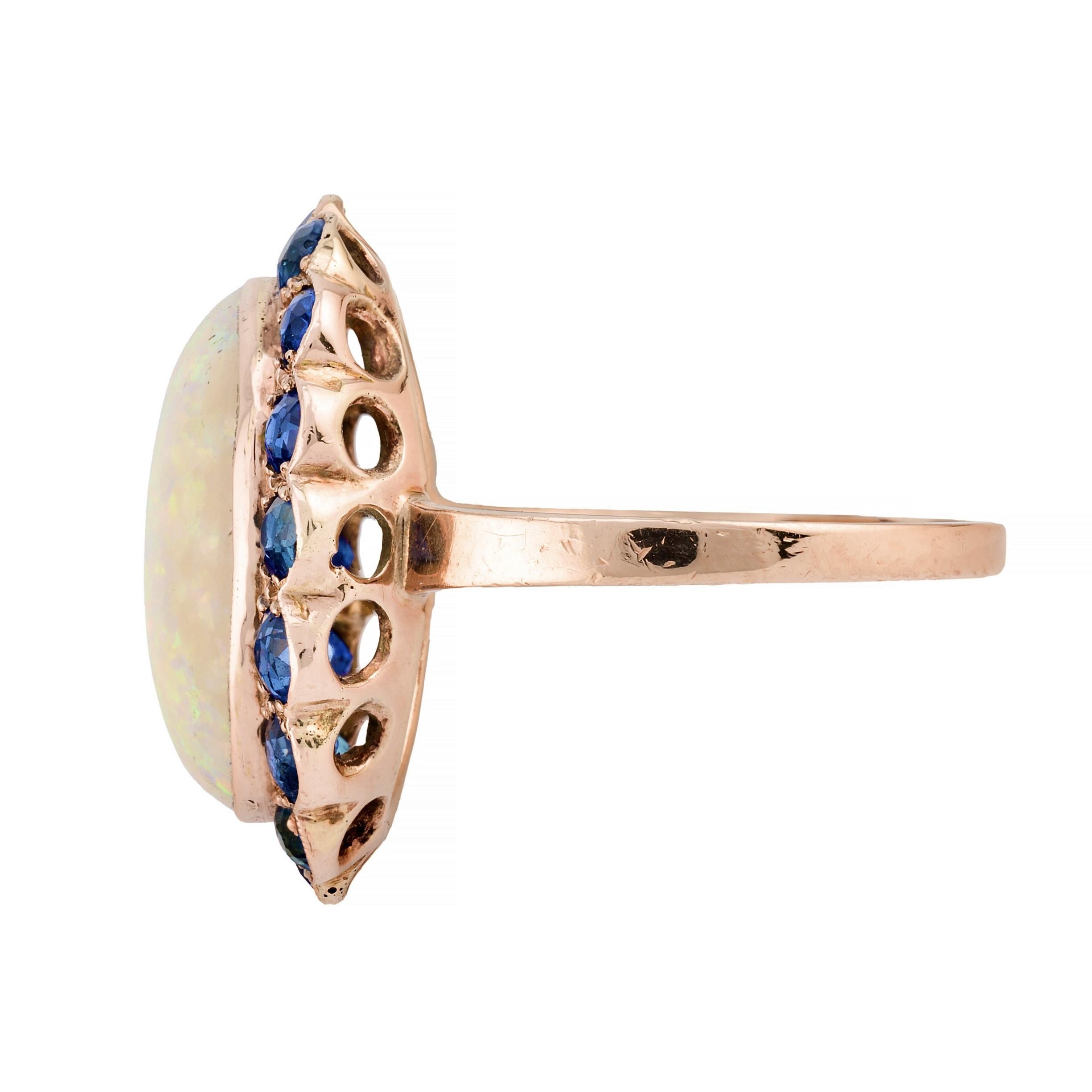 Art Nouveau Opal & No Heat Blue Sapphire Ring in 14 Karat Yellow Gold In Excellent Condition For Sale In Boston, MA