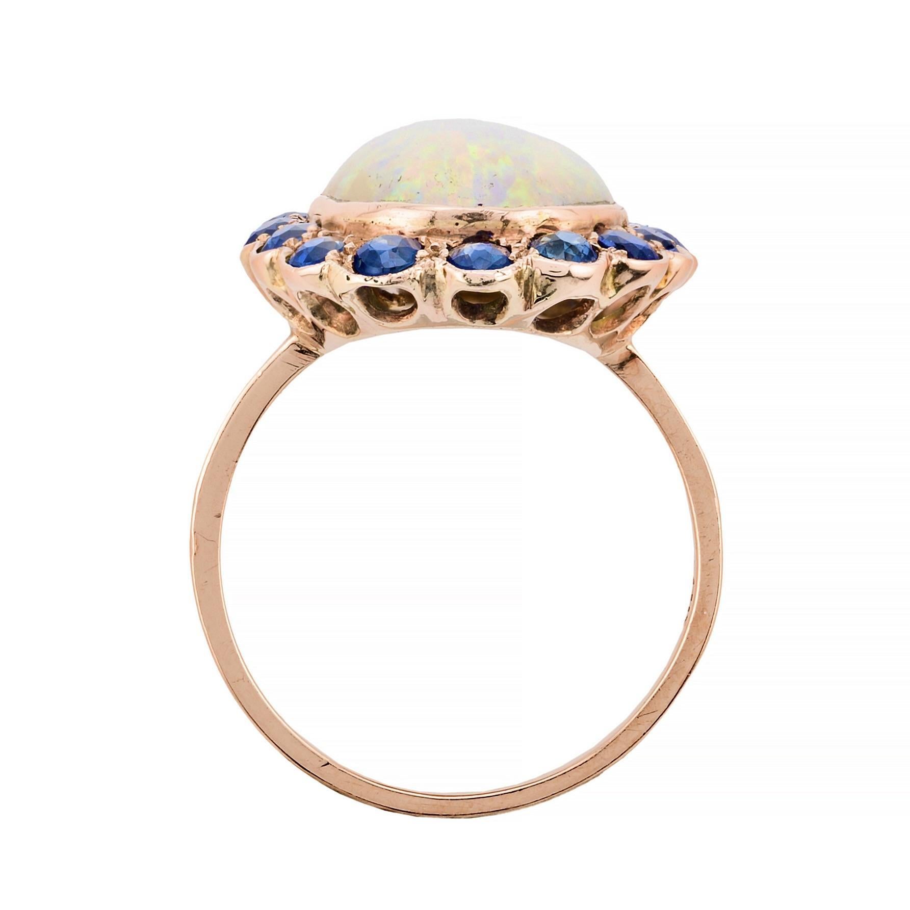 Women's Art Nouveau Opal & No Heat Blue Sapphire Ring in 14 Karat Yellow Gold For Sale