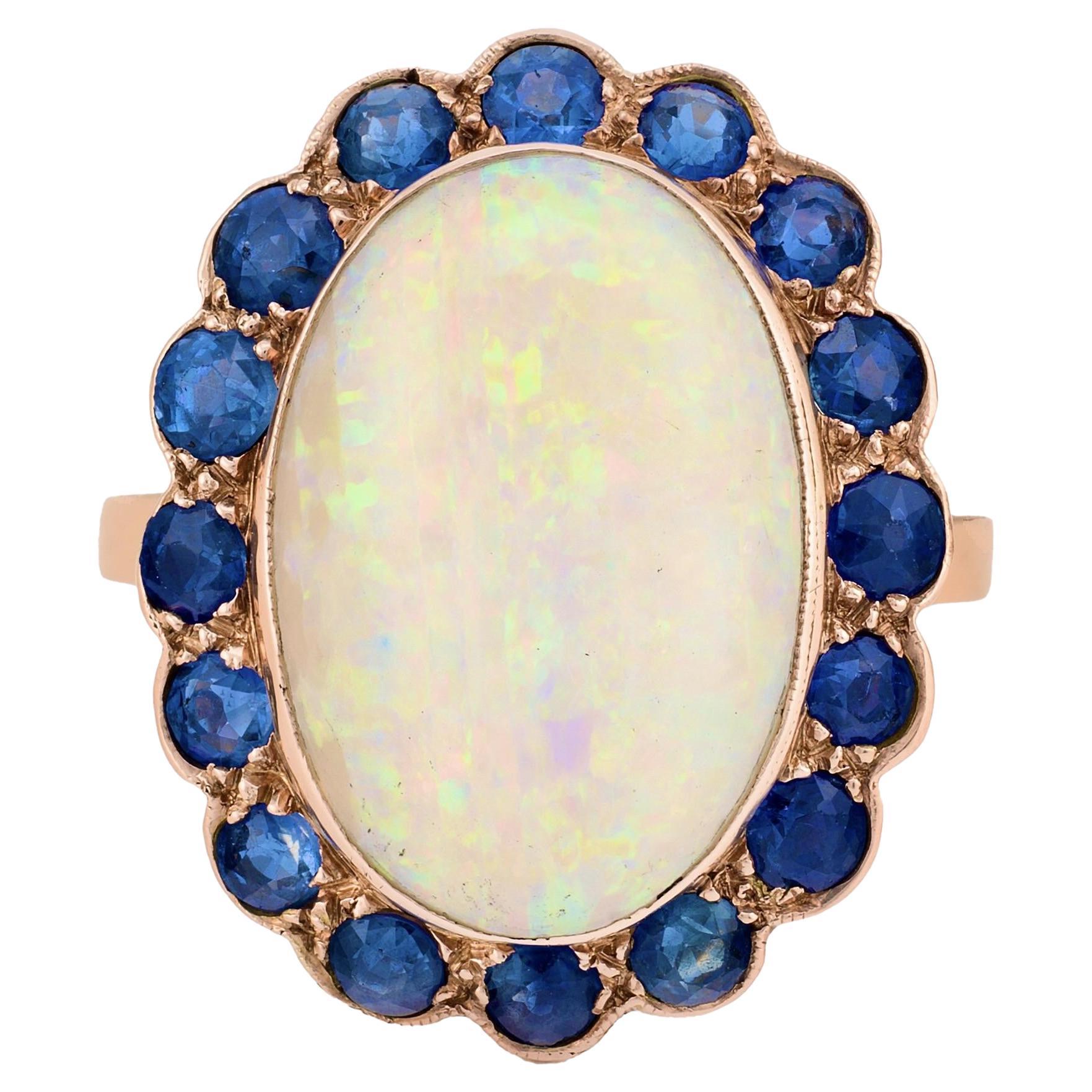 Art Nouveau Opal & No Heat Blue Sapphire Ring in 14 Karat Yellow Gold For Sale