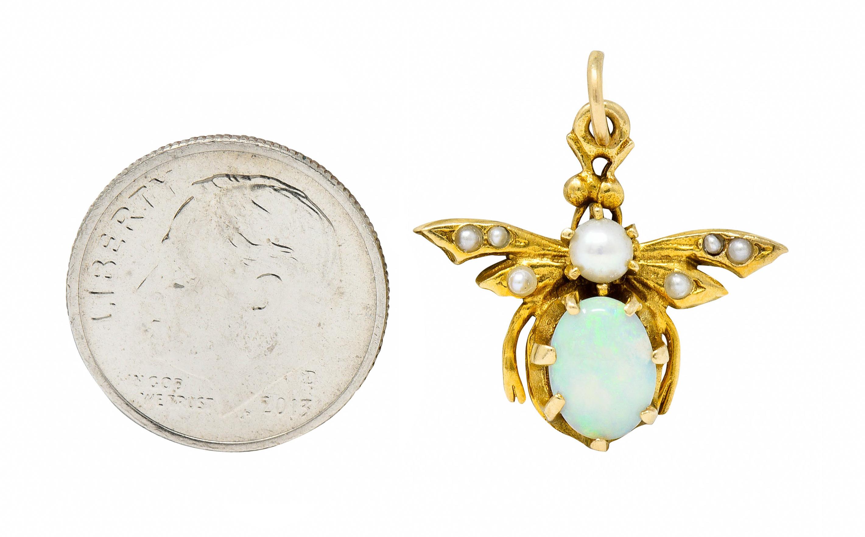 Art Nouveau Opal Pearl 14 Karat Gold Bee Insect Charm 2