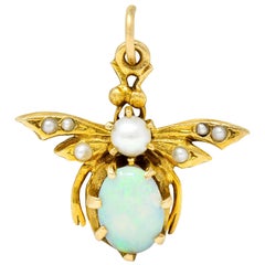 Art Nouveau Opal Pearl 14 Karat Gold Bee Insect Charm