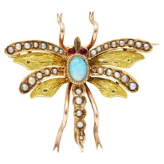 Art Nouveau Opal Pearl 14 Karat Two-Tone Gold Antique Insect Pendant Brooch