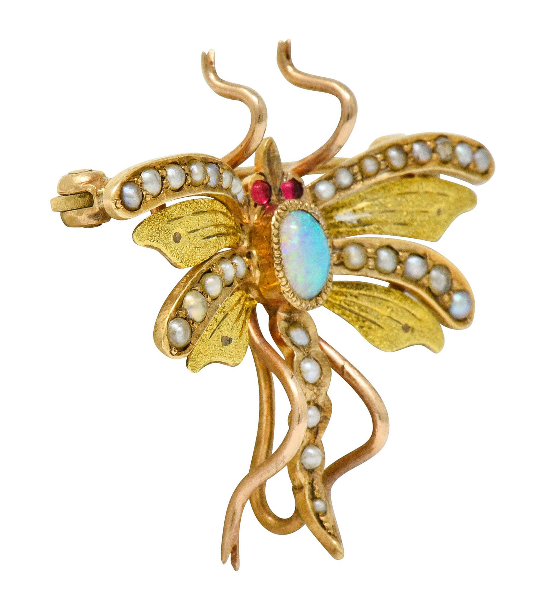 Cabochon Art Nouveau Opal Pearl 14 Karat Two-Tone Gold Insect Pendant Brooch
