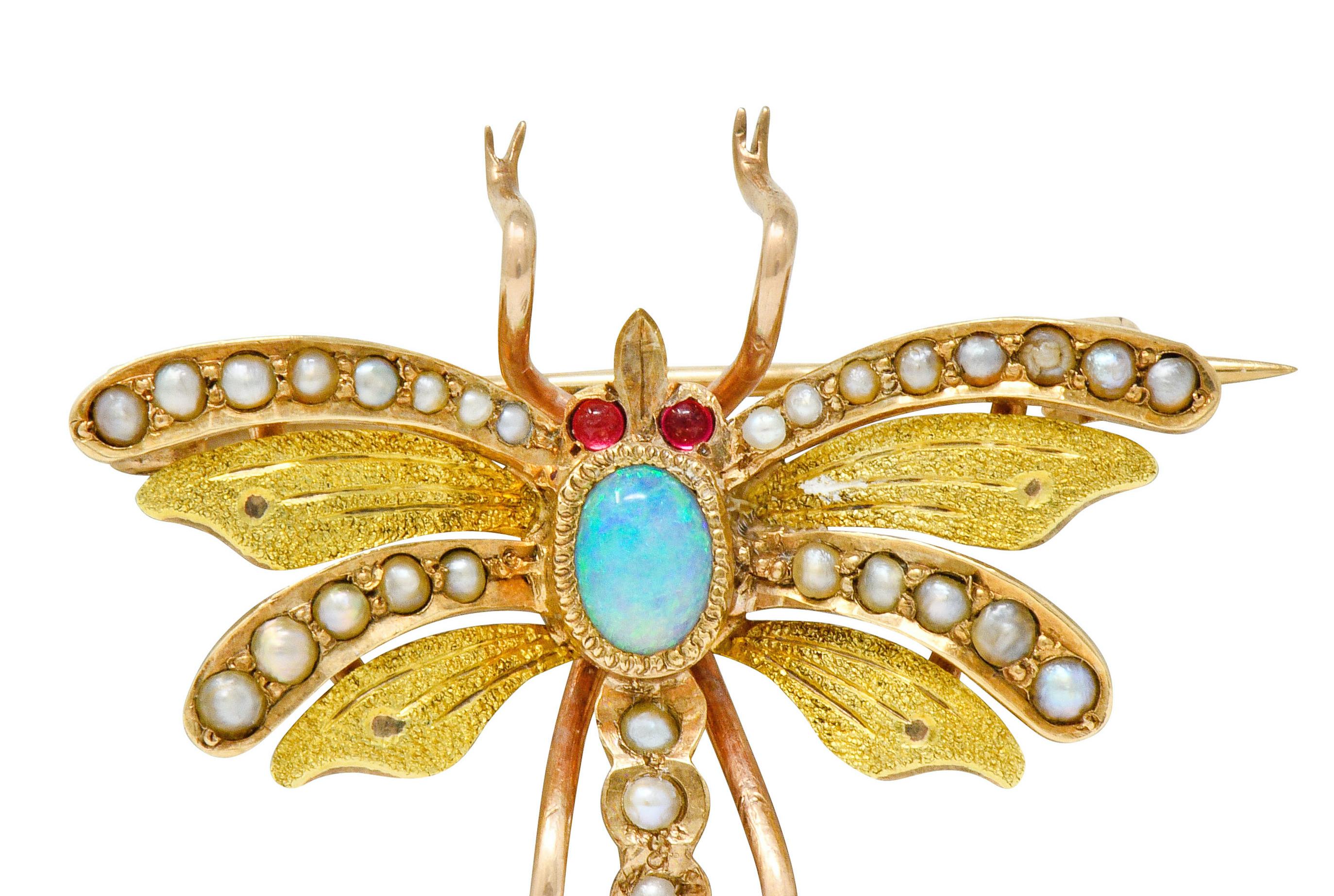 Women's or Men's Art Nouveau Opal Pearl 14 Karat Two-Tone Gold Insect Pendant Brooch