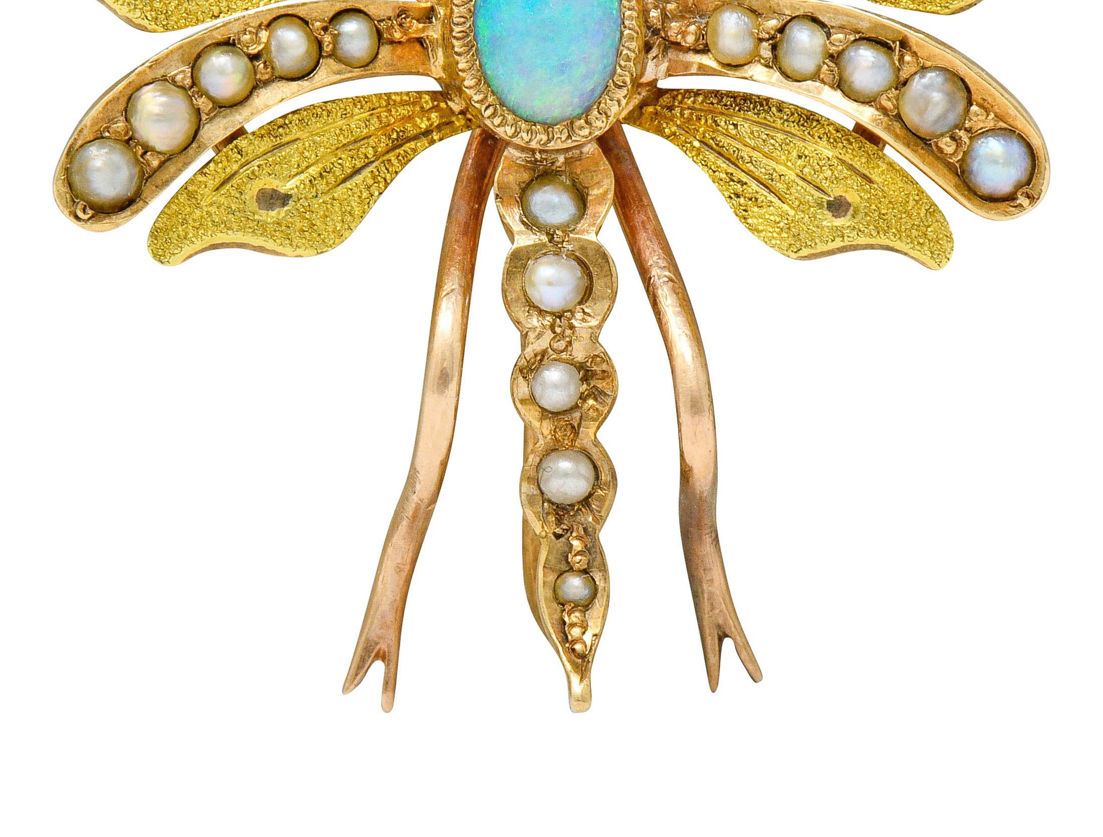 Art Nouveau Opal Pearl 14 Karat Two-Tone Gold Insect Pendant Brooch 1
