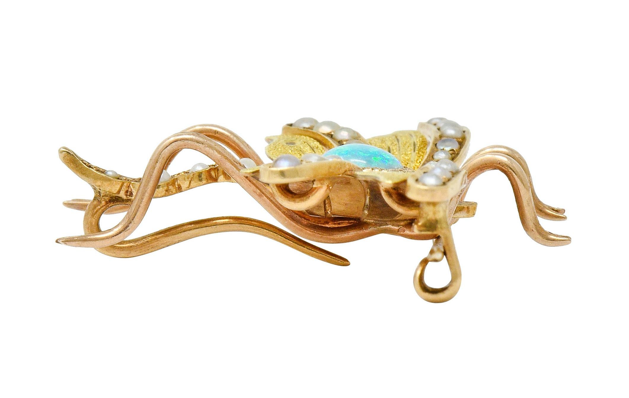 Art Nouveau Opal Pearl 14 Karat Two-Tone Gold Insect Pendant Brooch 2