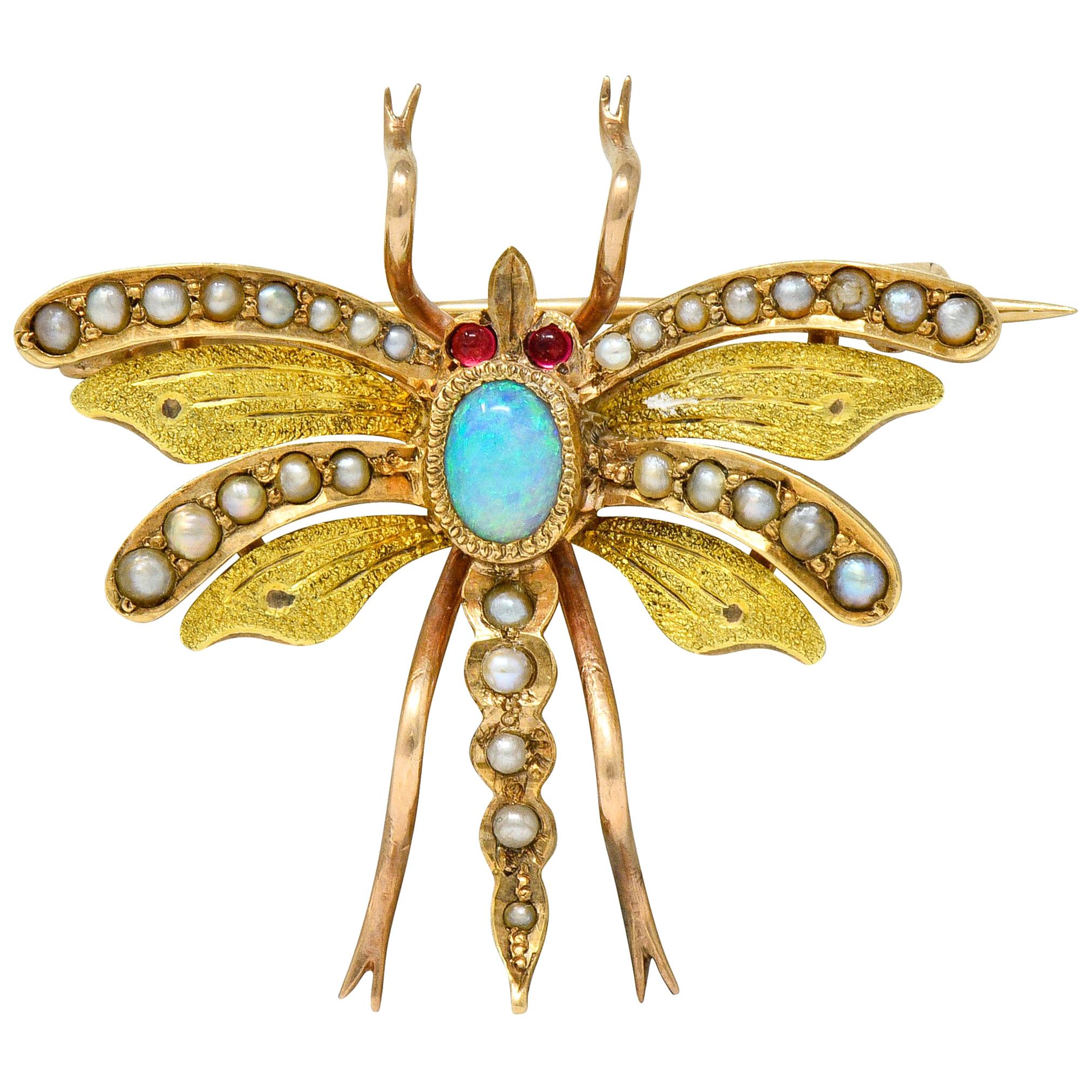 Art Nouveau Opal Pearl 14 Karat Two-Tone Gold Insect Pendant Brooch