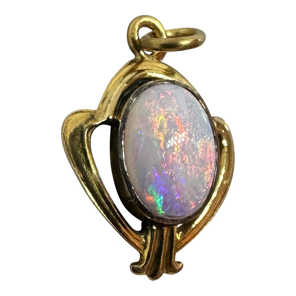 Art Nouveau Opal Pendant Necklace Blue Red Yellow Orange Fire 14 Karat Gold