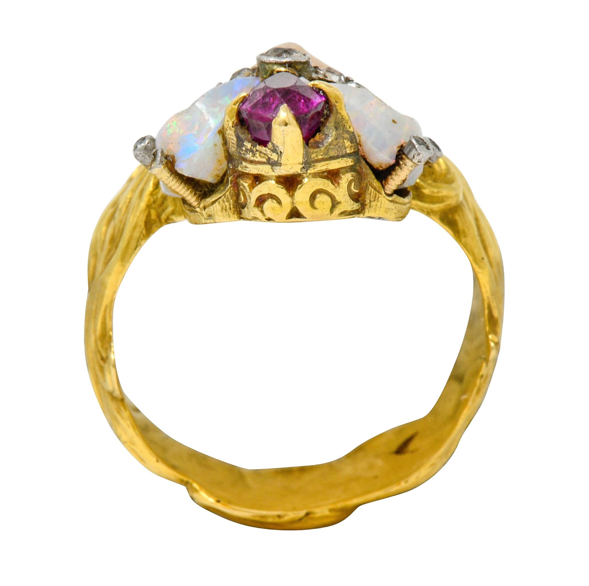 Art Nouveau Opal Ruby Diamond 18 Karat Gold Empress Band Ring 5