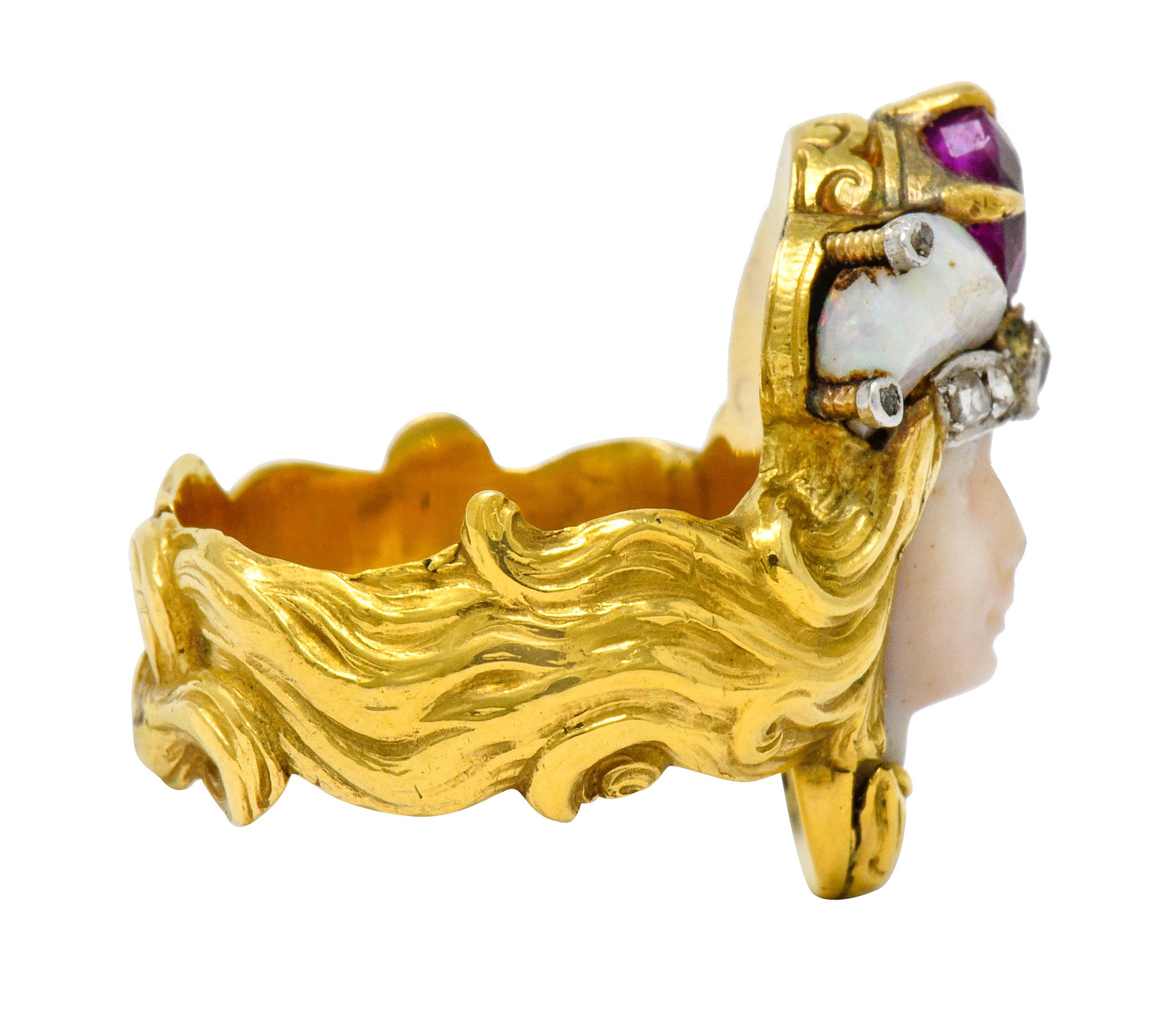 Old European Cut Art Nouveau Opal Ruby Diamond 18 Karat Gold Empress Band Ring