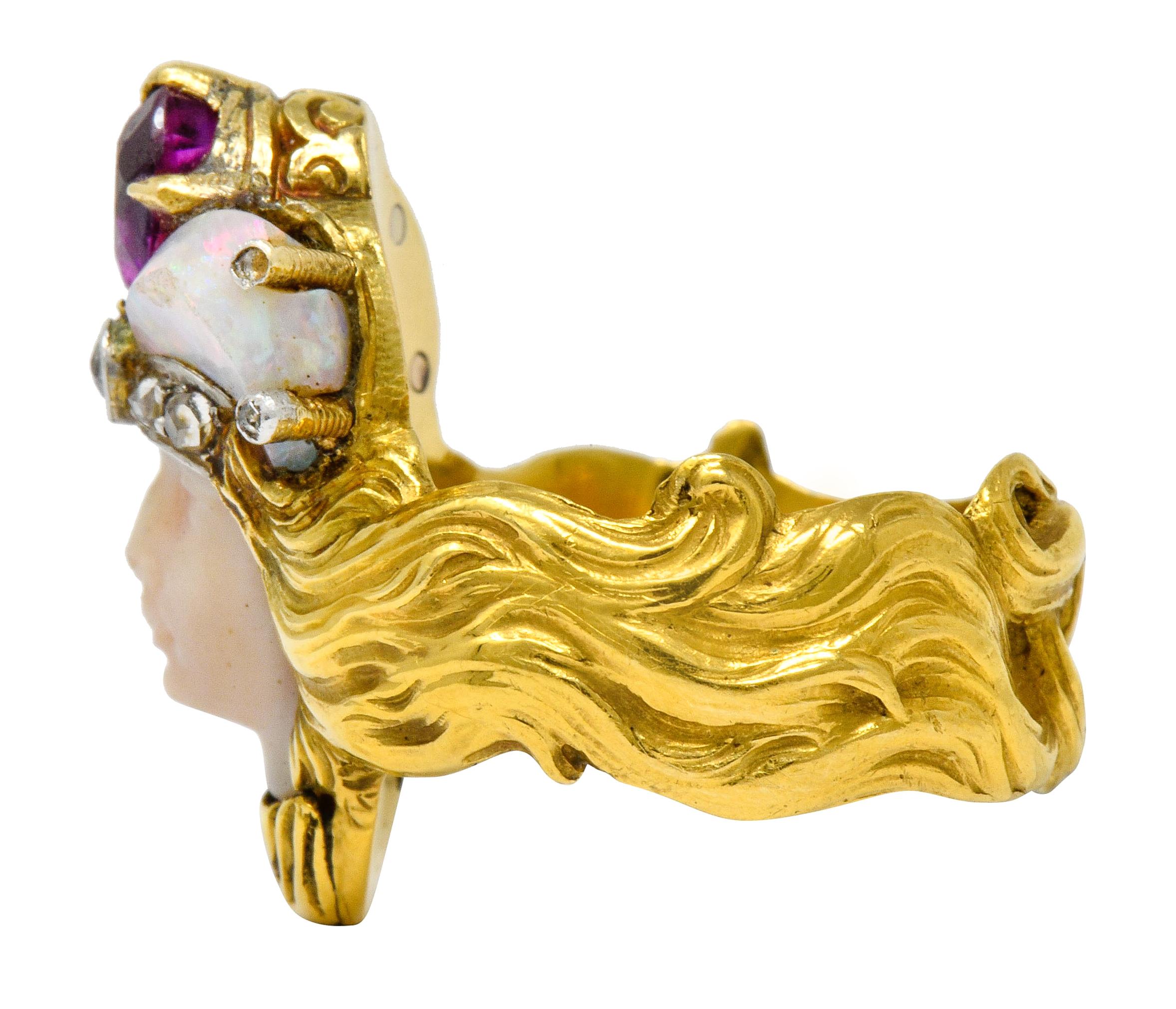 Women's or Men's Art Nouveau Opal Ruby Diamond 18 Karat Gold Empress Band Ring
