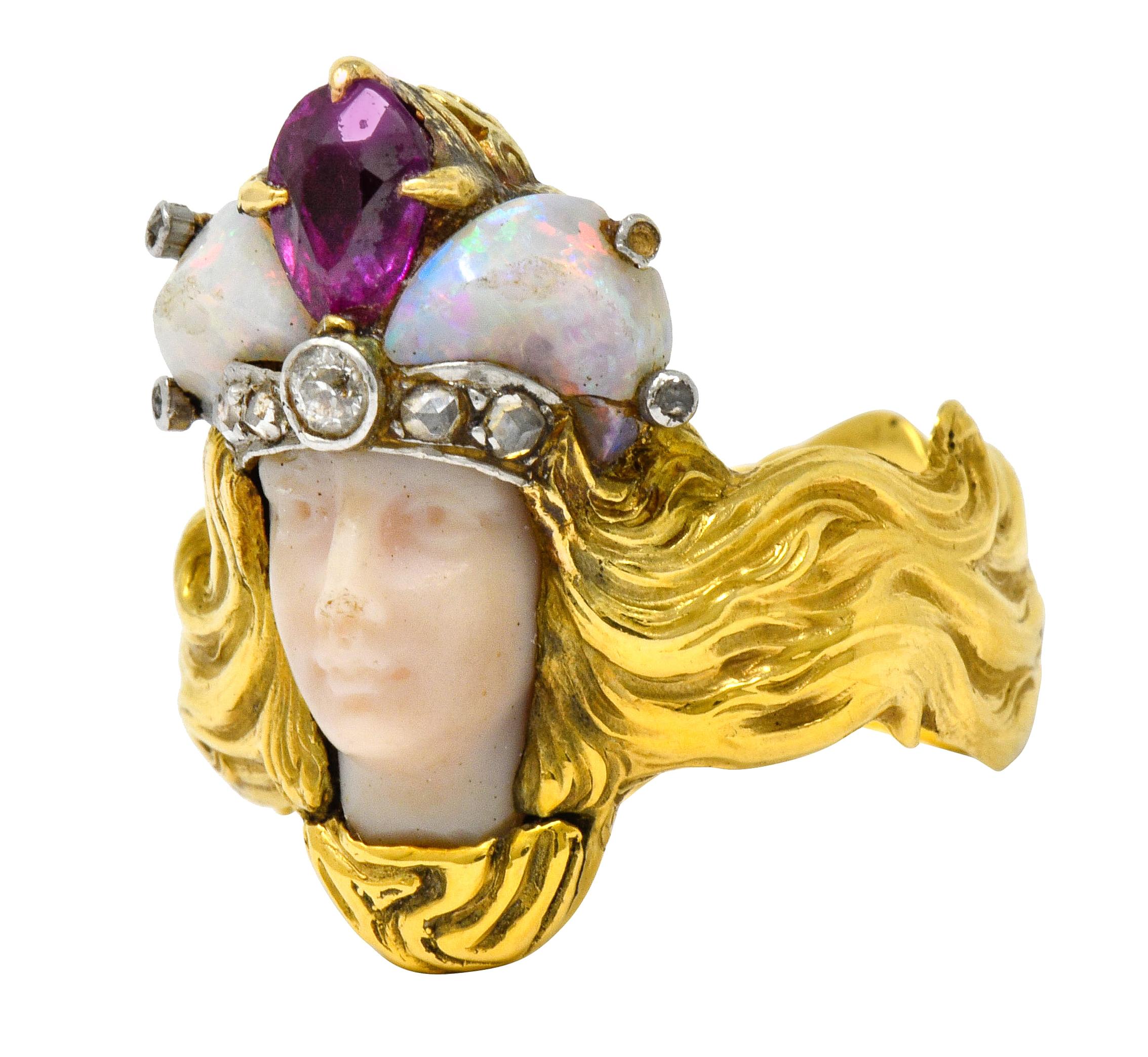 Art Nouveau Opal Ruby Diamond 18 Karat Gold Empress Band Ring 1