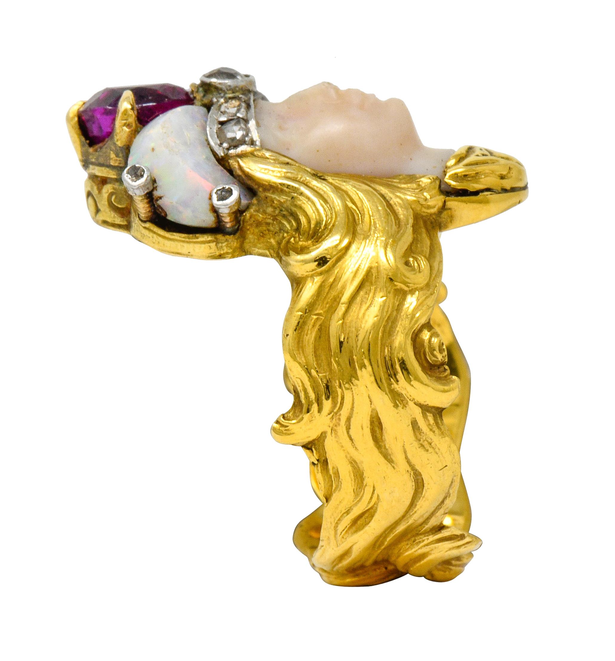 Art Nouveau Opal Ruby Diamond 18 Karat Gold Empress Band Ring 2