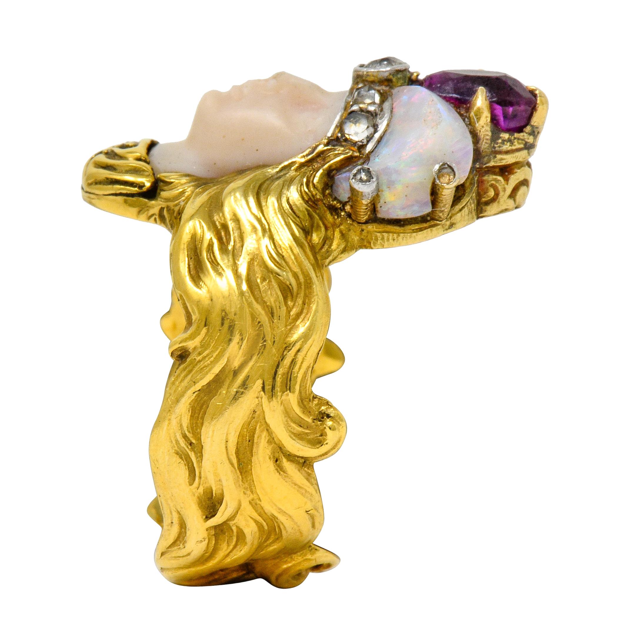 Art Nouveau Opal Ruby Diamond 18 Karat Gold Empress Band Ring 4