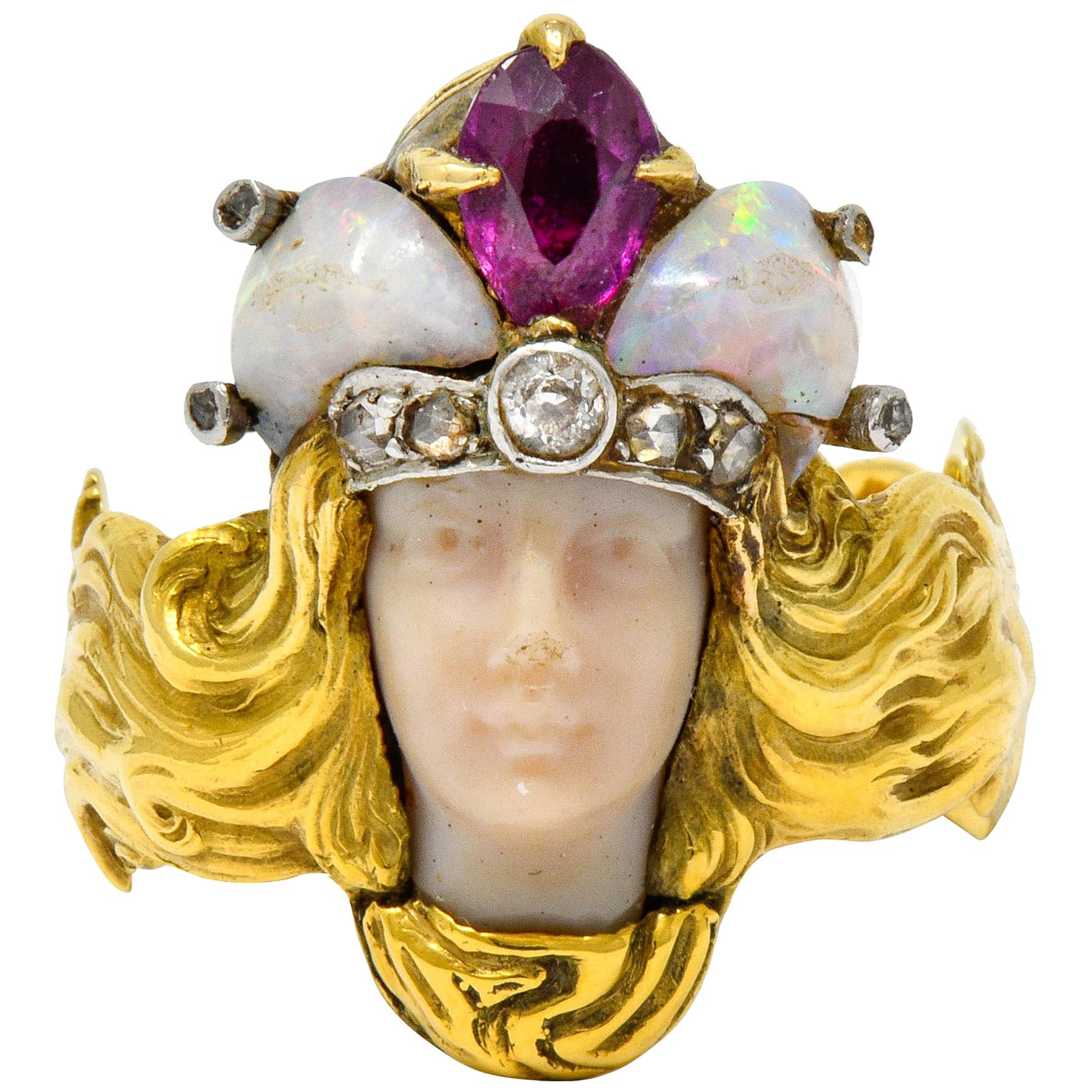 Art Nouveau Opal Ruby Diamond 18 Karat Gold Empress Band Ring