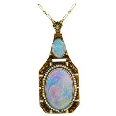 Art Nouveau Opal Yellow Gold Pendant Necklace Antique with Seed Pearl Enamel