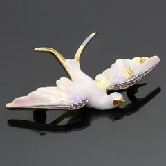 Art Nouveau Opalescent Enamel Diamond Gold Platinum Diamond Pin Brooch