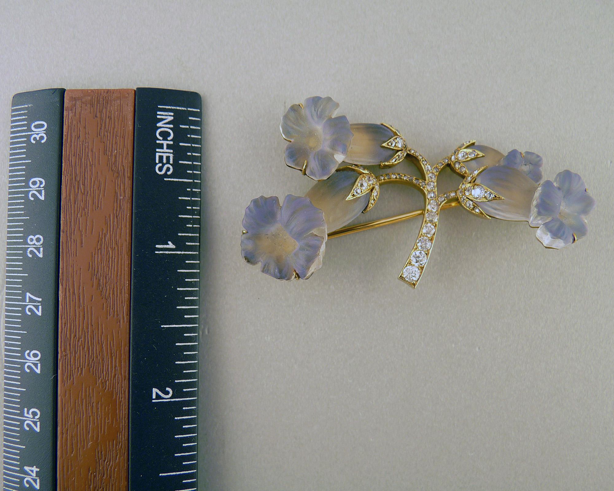 Women's or Men's Rene Lalique Art Nouveau Opalescent Glass and Diamond Flower Brooch For Sale