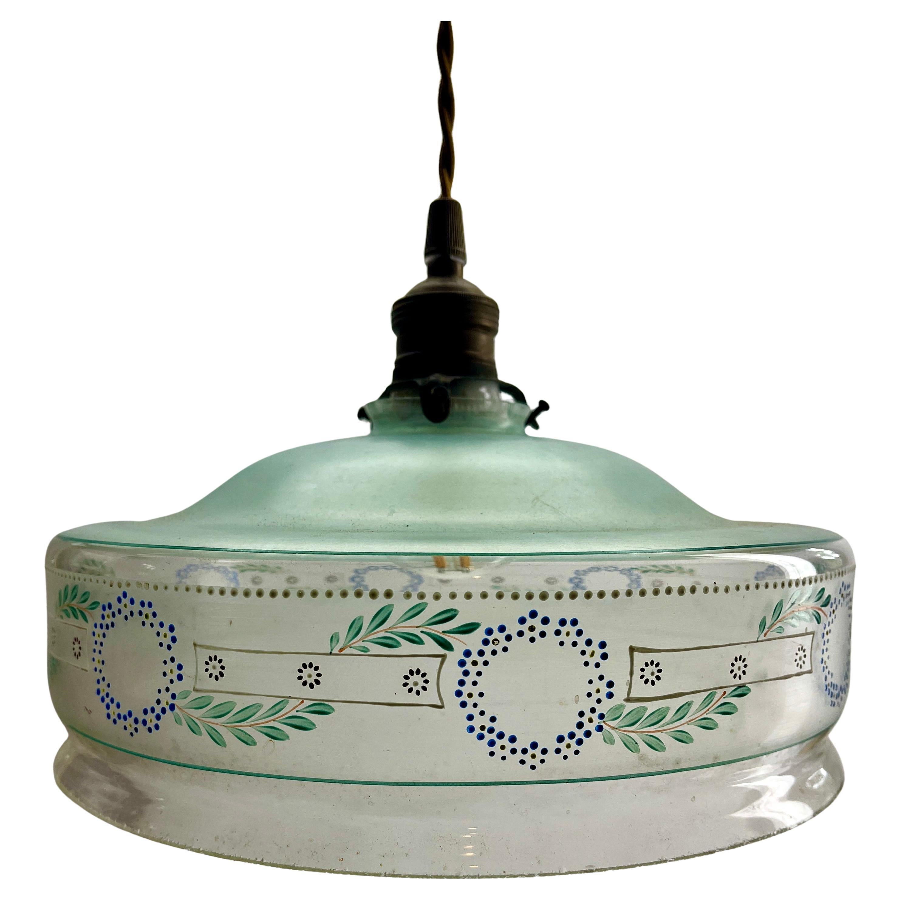 Art nouveau Plafonnier Art Nouveau Opaline peint à la main, Scailmont Belgique Abat-jour en verre en vente
