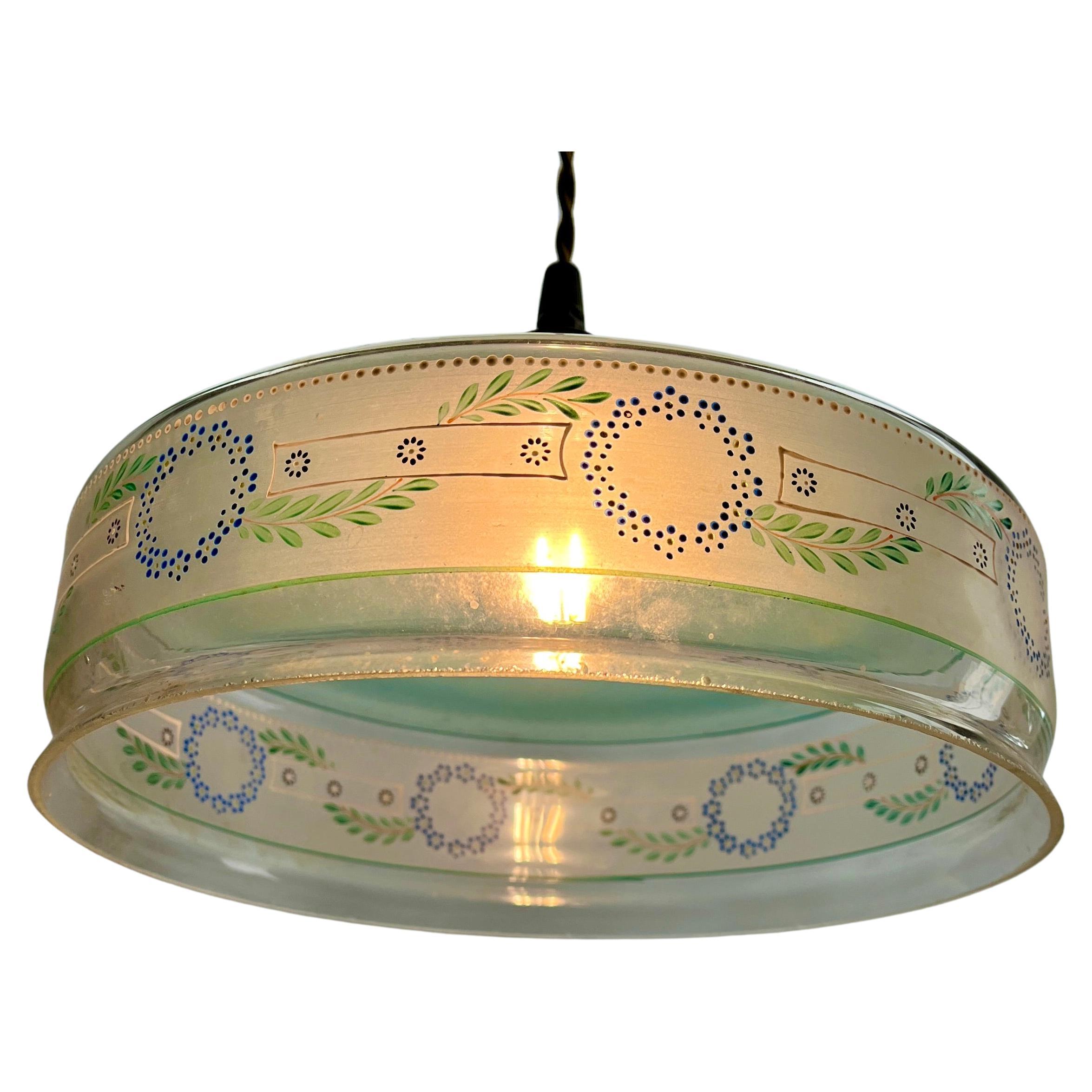Belge Plafonnier Art Nouveau Opaline peint à la main, Scailmont Belgique Abat-jour en verre en vente