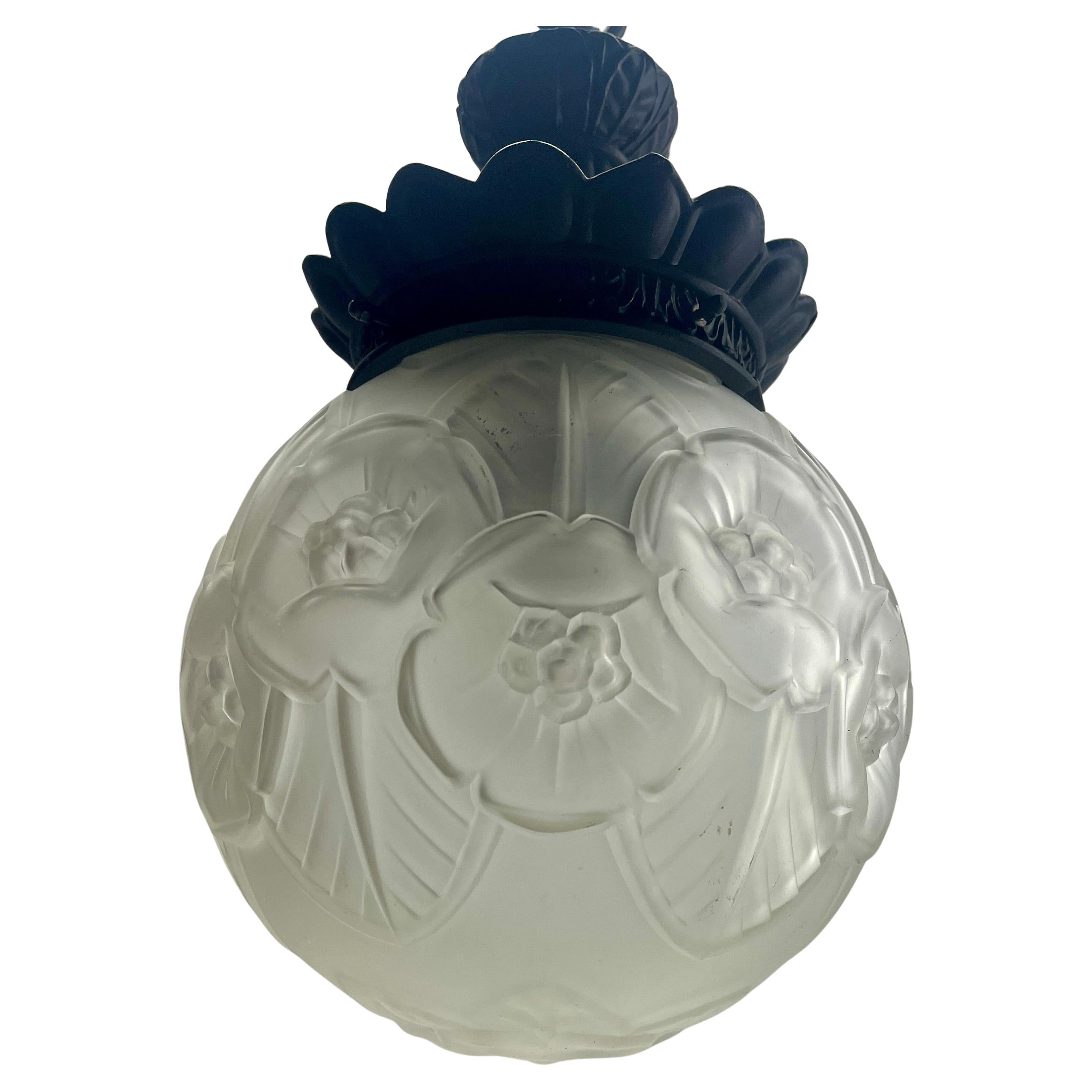 Art Nouveau Opaline Ceiling Lamp, Massive Belgium Glass Shade, 1930s 3