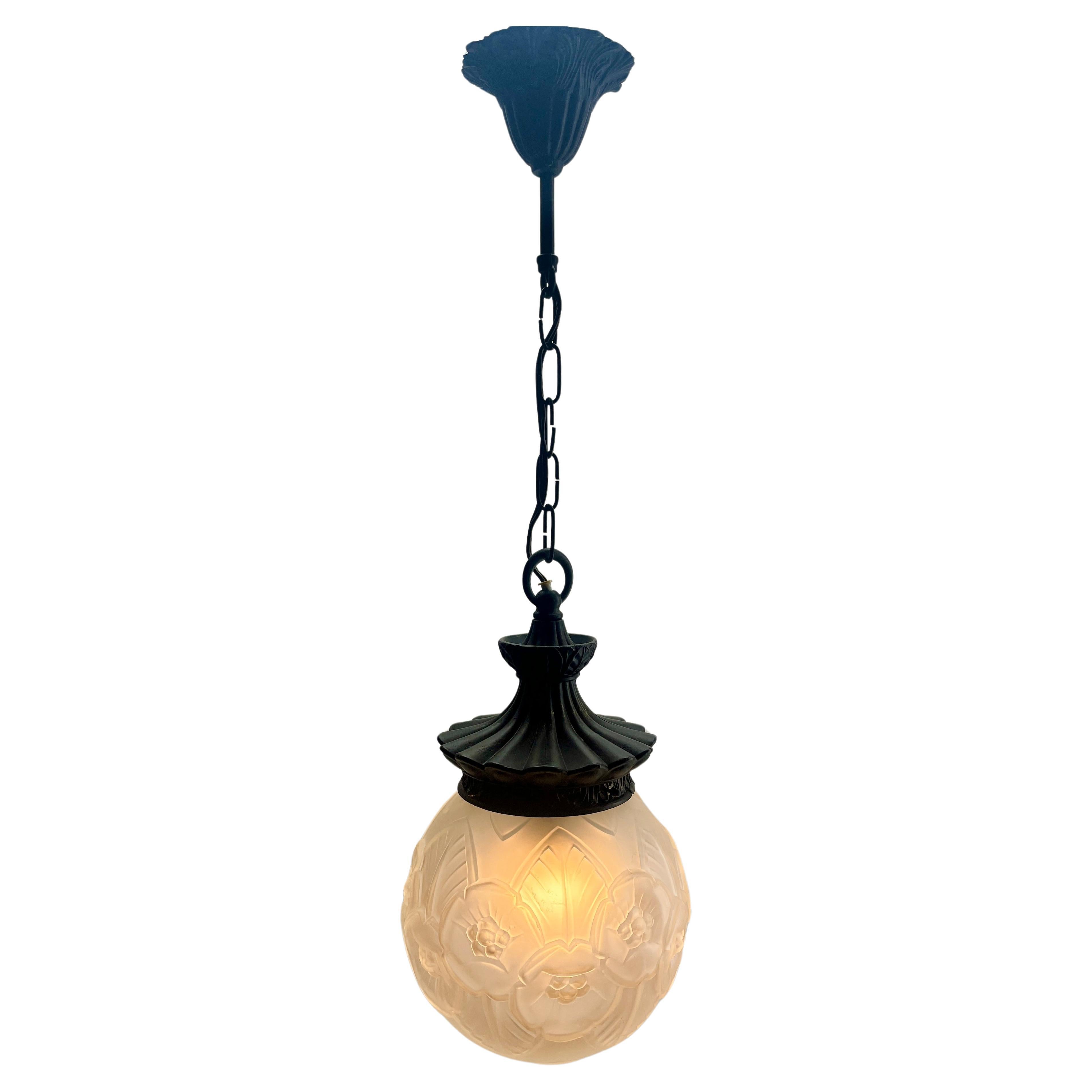 Art Nouveau Opaline Ceiling Lamp, Massive Belgium Glass Shade, 1930s 7
