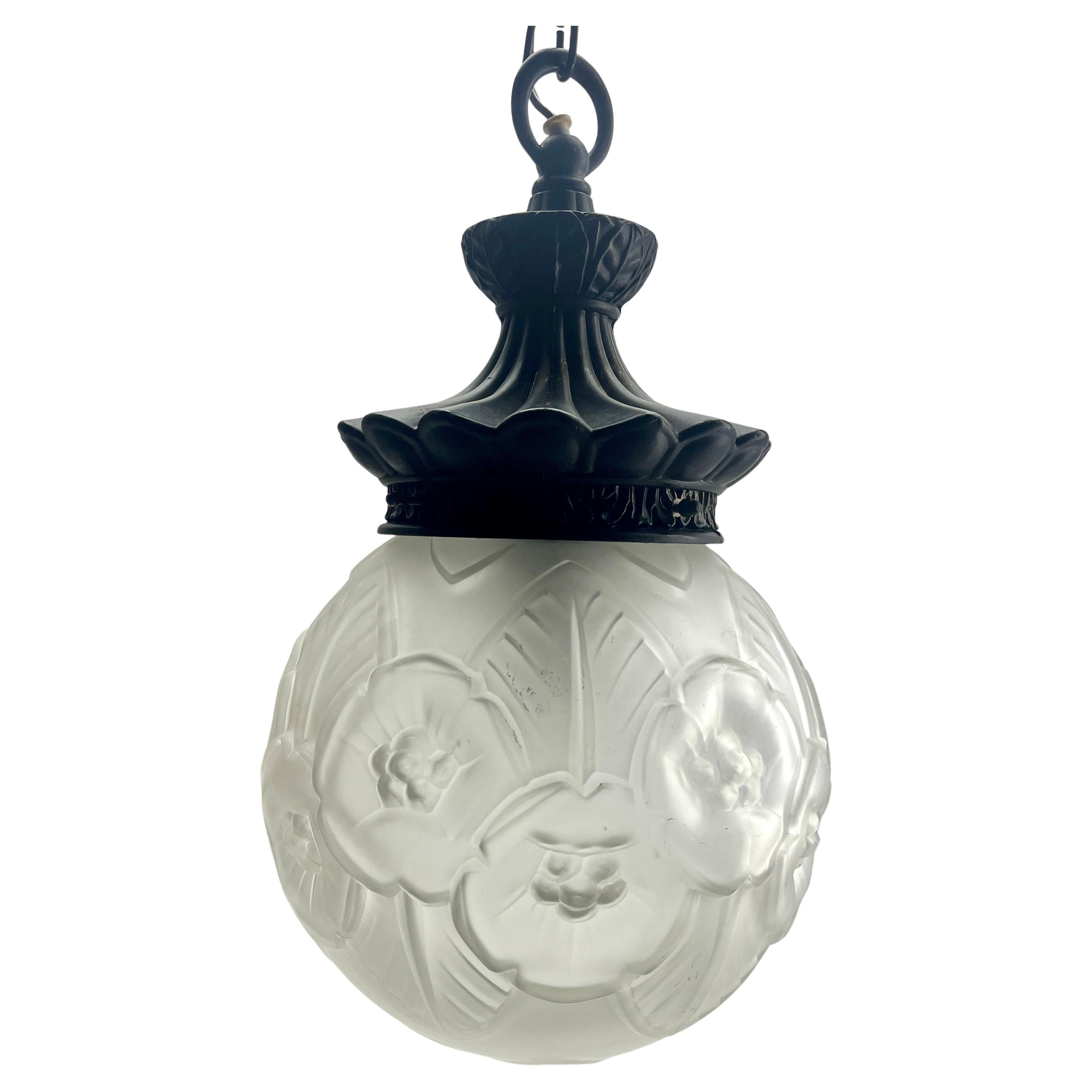 Belgian Art Nouveau Opaline Ceiling Lamp, Massive Belgium Glass Shade, 1930s