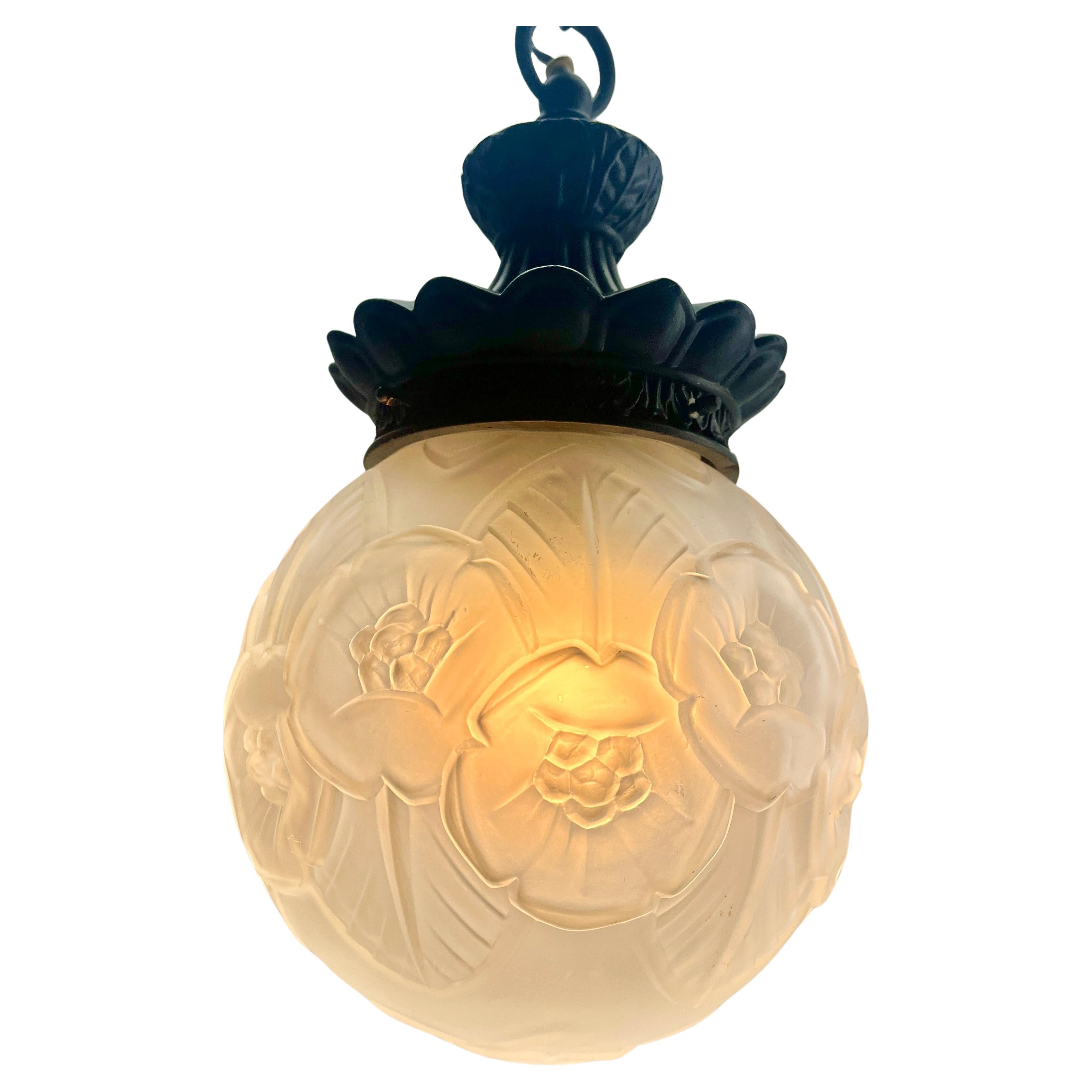 Hand-Painted Art Nouveau Opaline Ceiling Lamp, Massive Belgium Glass Shade, 1930s