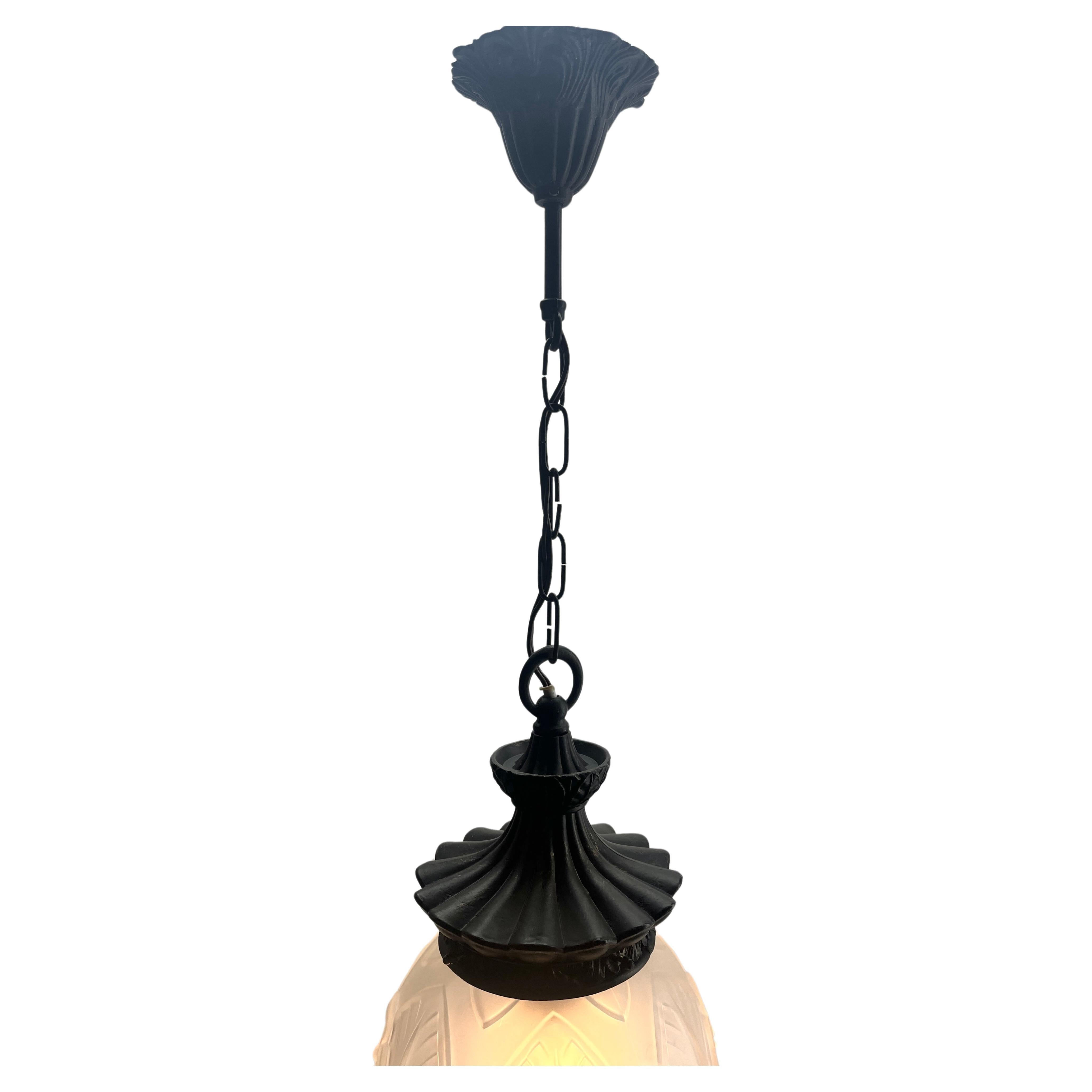 Mid-20th Century Art Nouveau Opaline Ceiling Lamp, Massive Belgium Glass Shade, 1930s