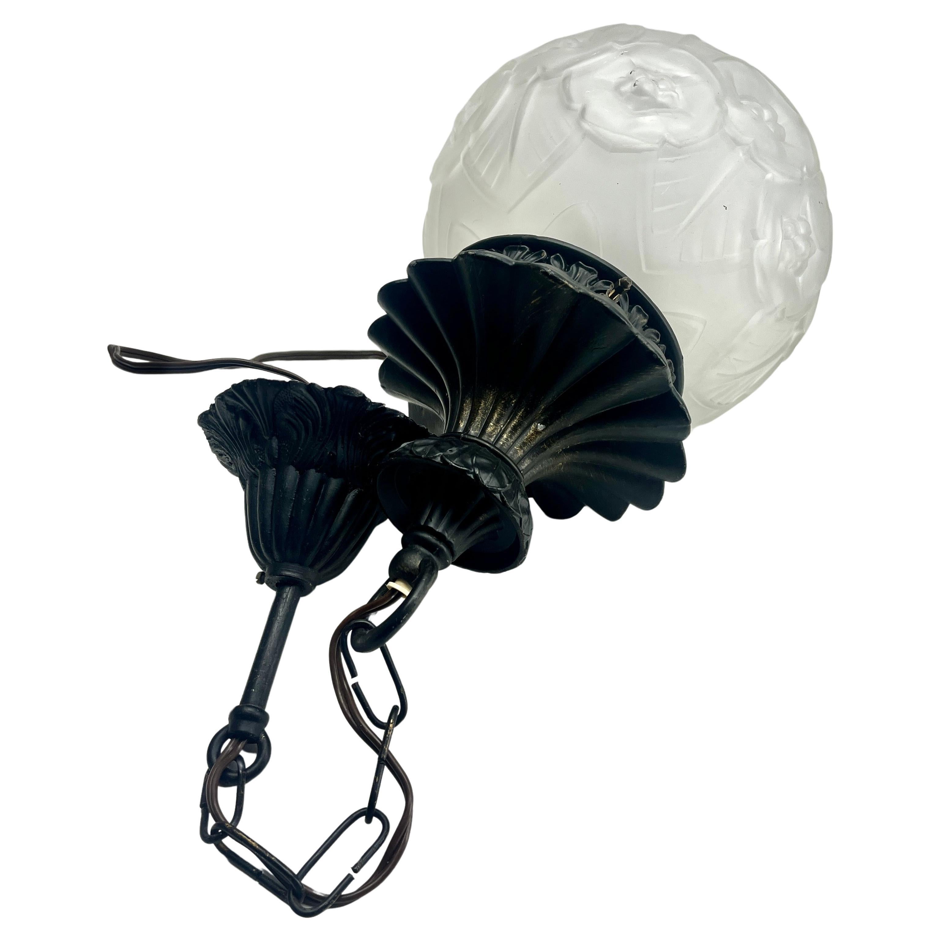Opaline Glass Art Nouveau Opaline Ceiling Lamp, Massive Belgium Glass Shade, 1930s