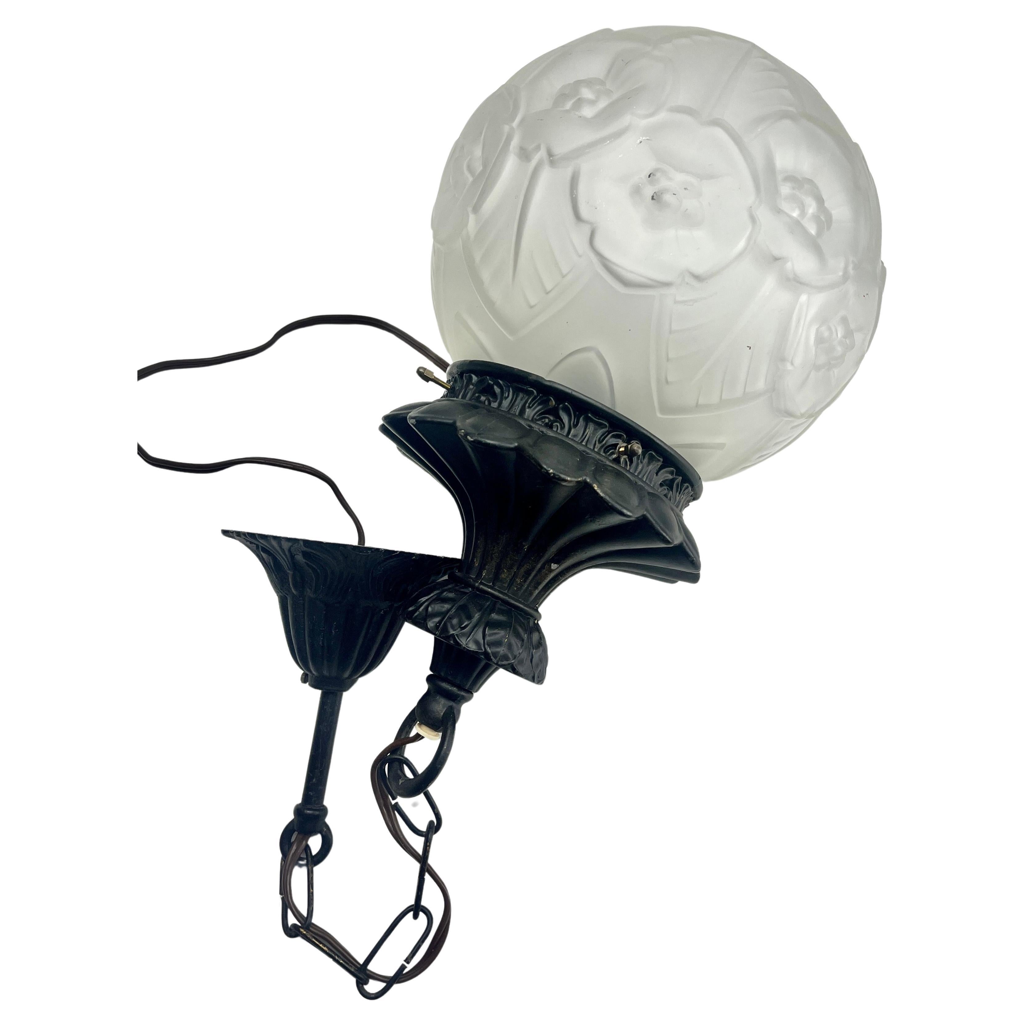 Art Nouveau Opaline Ceiling Lamp, Massive Belgium Glass Shade, 1930s 1