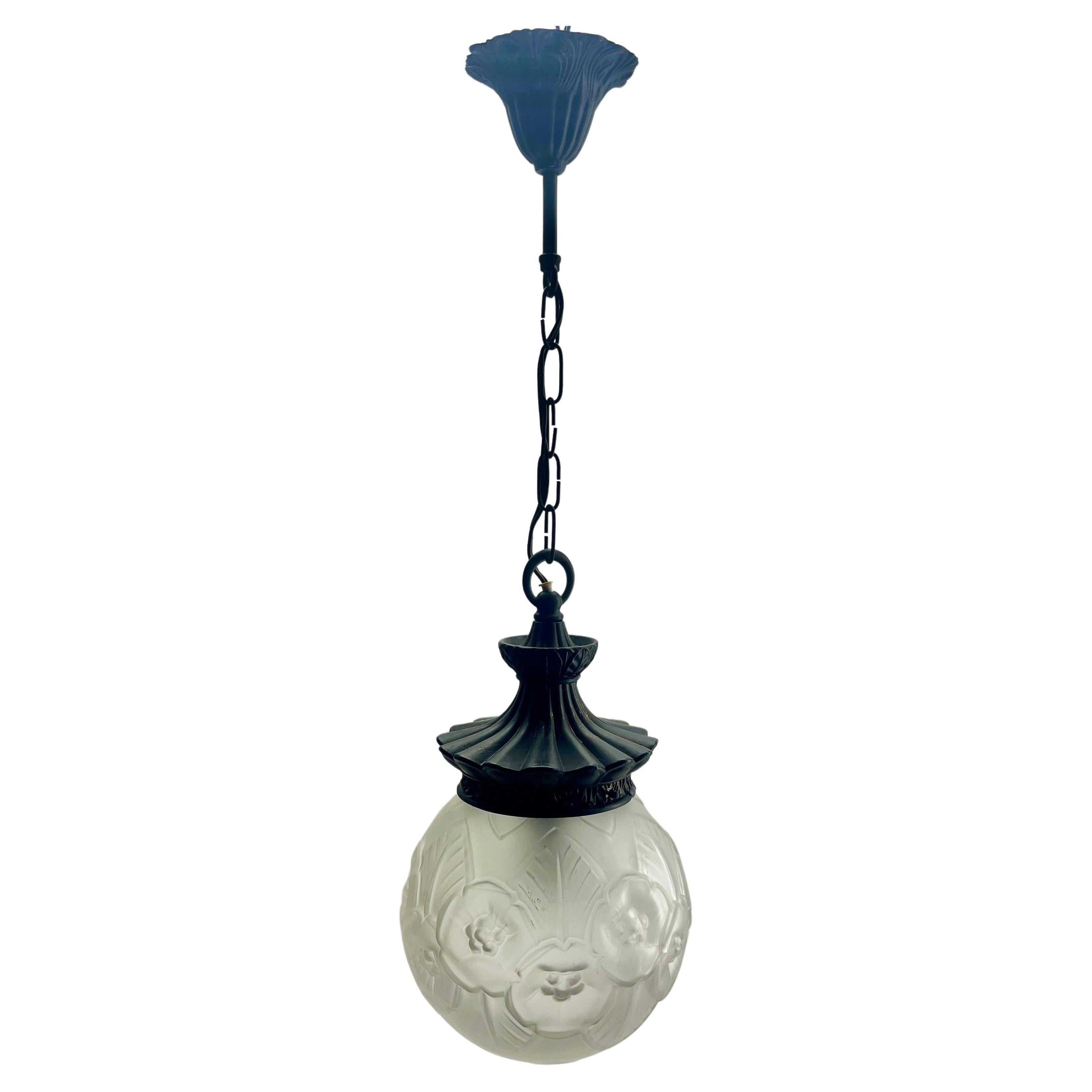 Art Nouveau Opaline Ceiling Lamp, Massive Belgium Glass Shade, 1930s