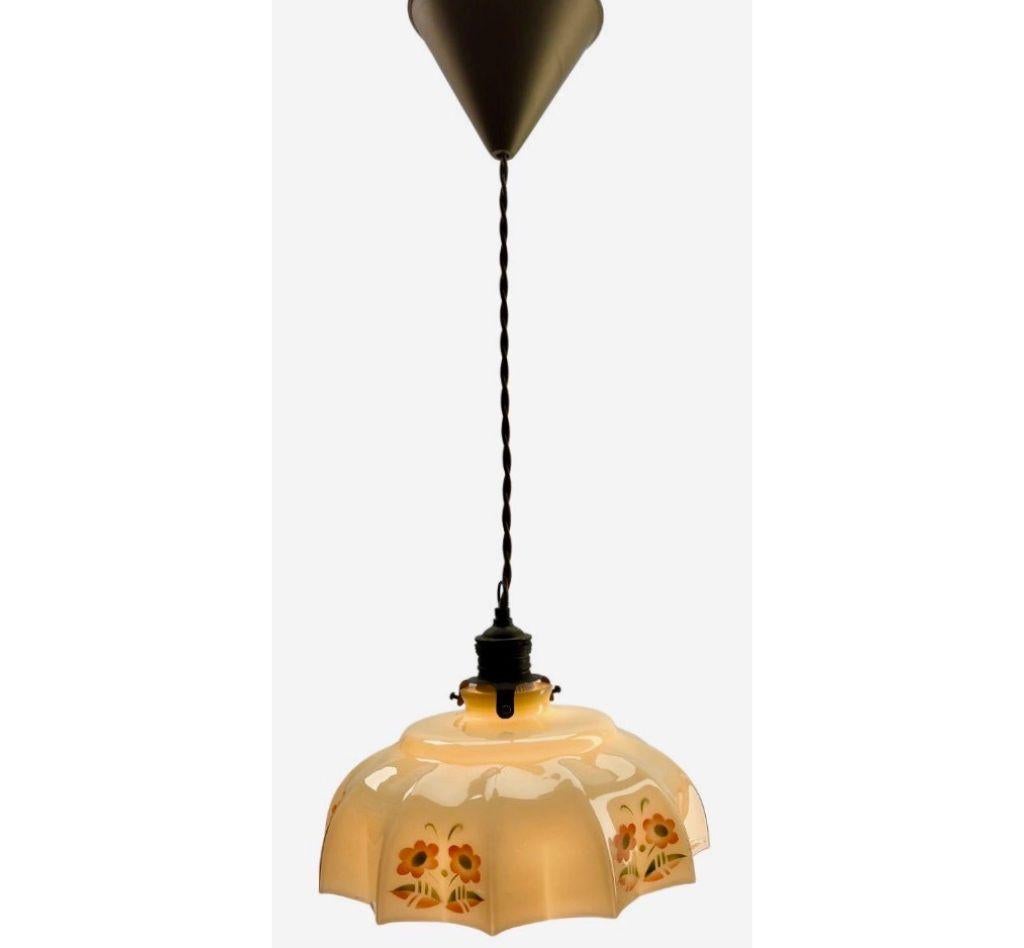 Art Nouveau Opaline Ceiling Lamp, Scailmont Belgium Glass Shade, 1930s For Sale 2