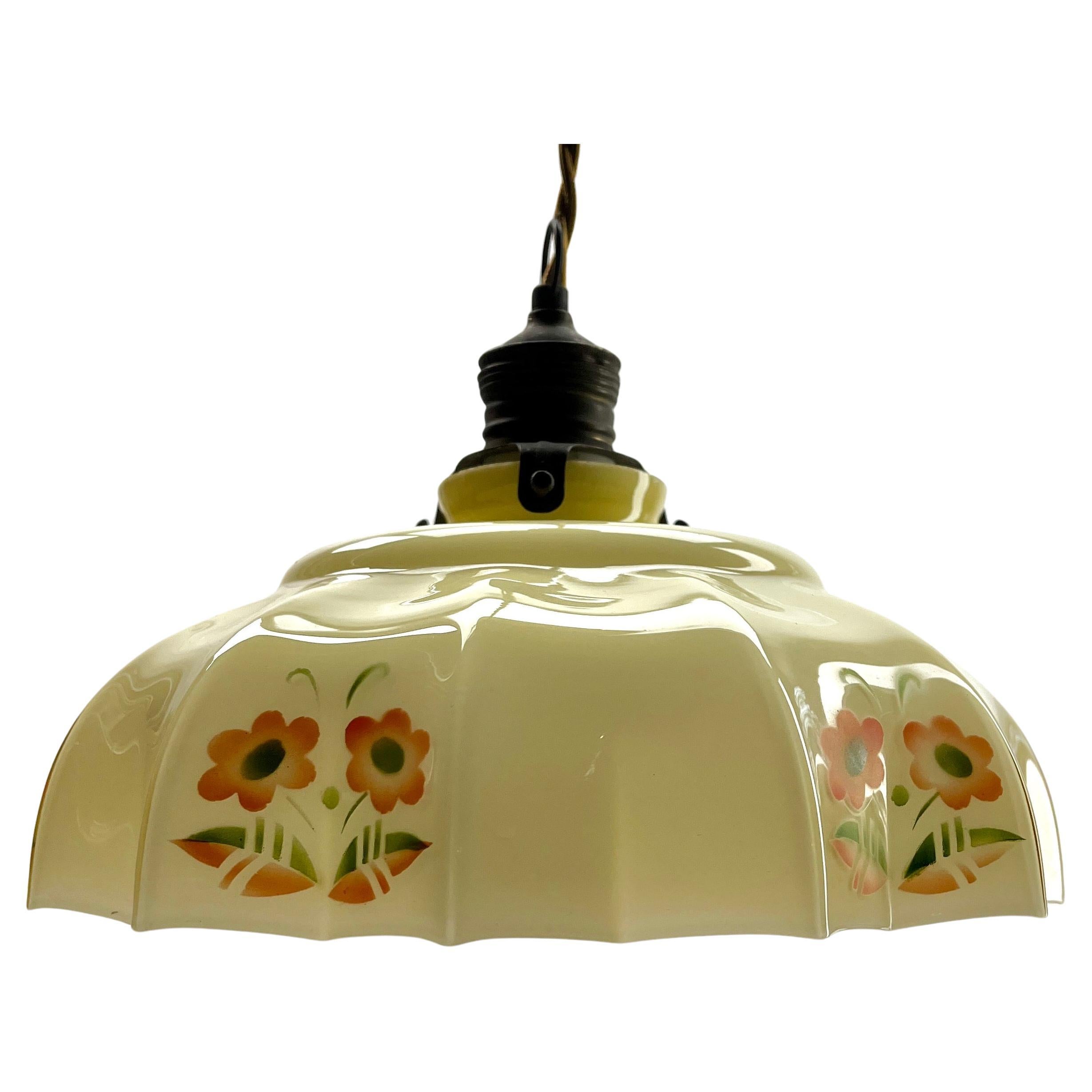 Belgian Art Nouveau Opaline Ceiling Lamp, Scailmont Belgium Glass Shade, 1930s For Sale