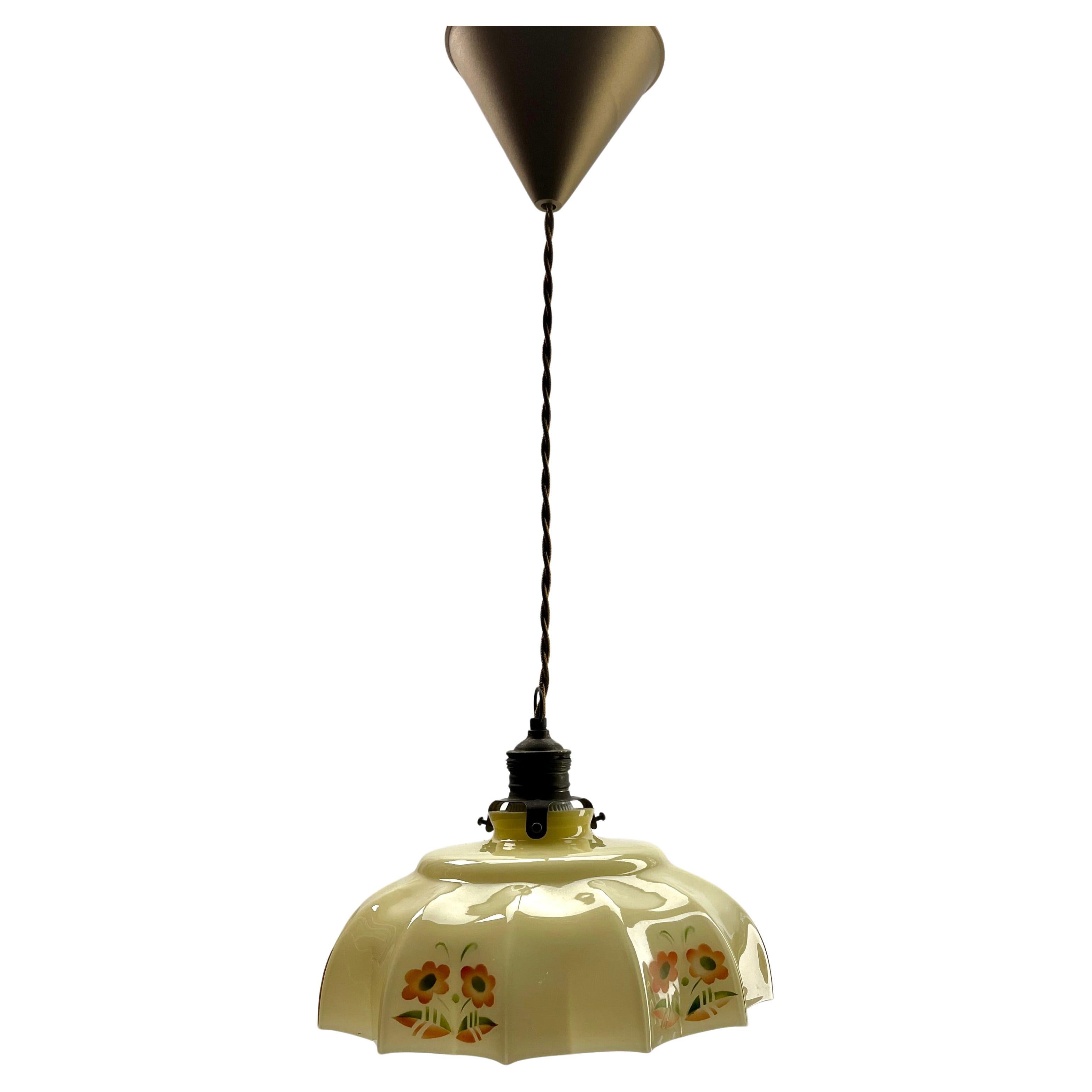 Hand-Painted Art Nouveau Opaline Ceiling Lamp, Scailmont Belgium Glass Shade, 1930s For Sale