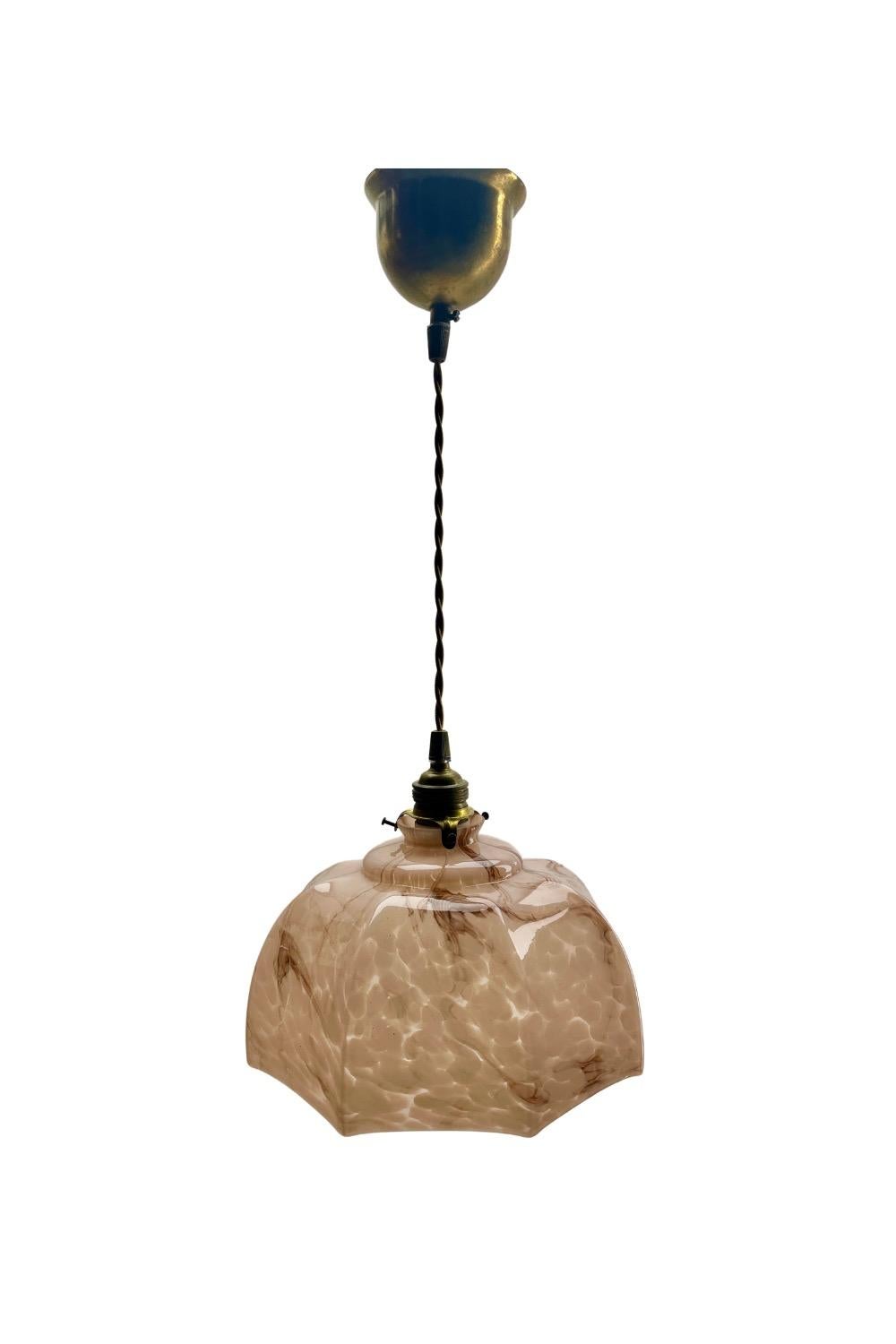 Mid-20th Century Art Nouveau Opaline Ceiling Lamp, Scailmont Belgium Glass Shade, 1930s For Sale