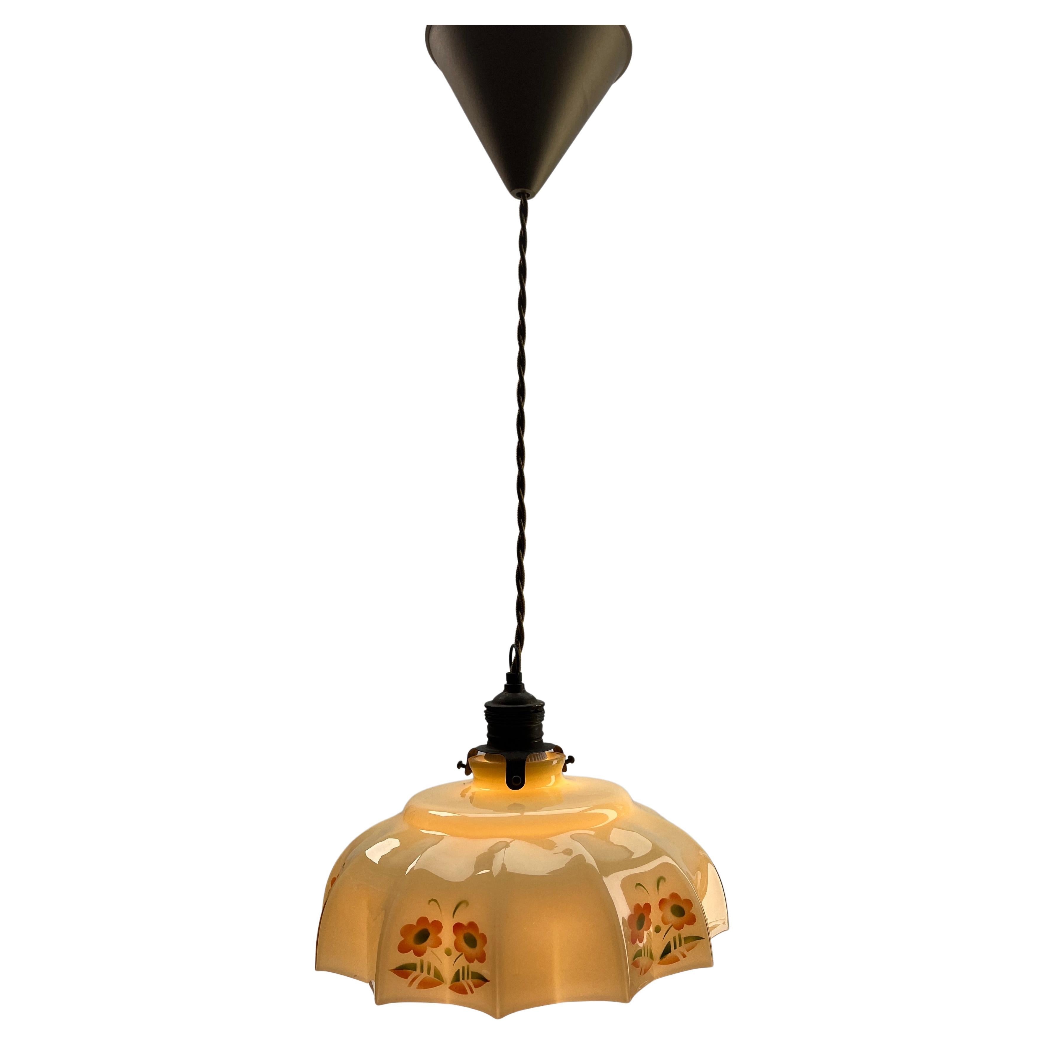 Mid-20th Century Art Nouveau Opaline Ceiling Lamp, Scailmont Belgium Glass Shade, 1930s For Sale