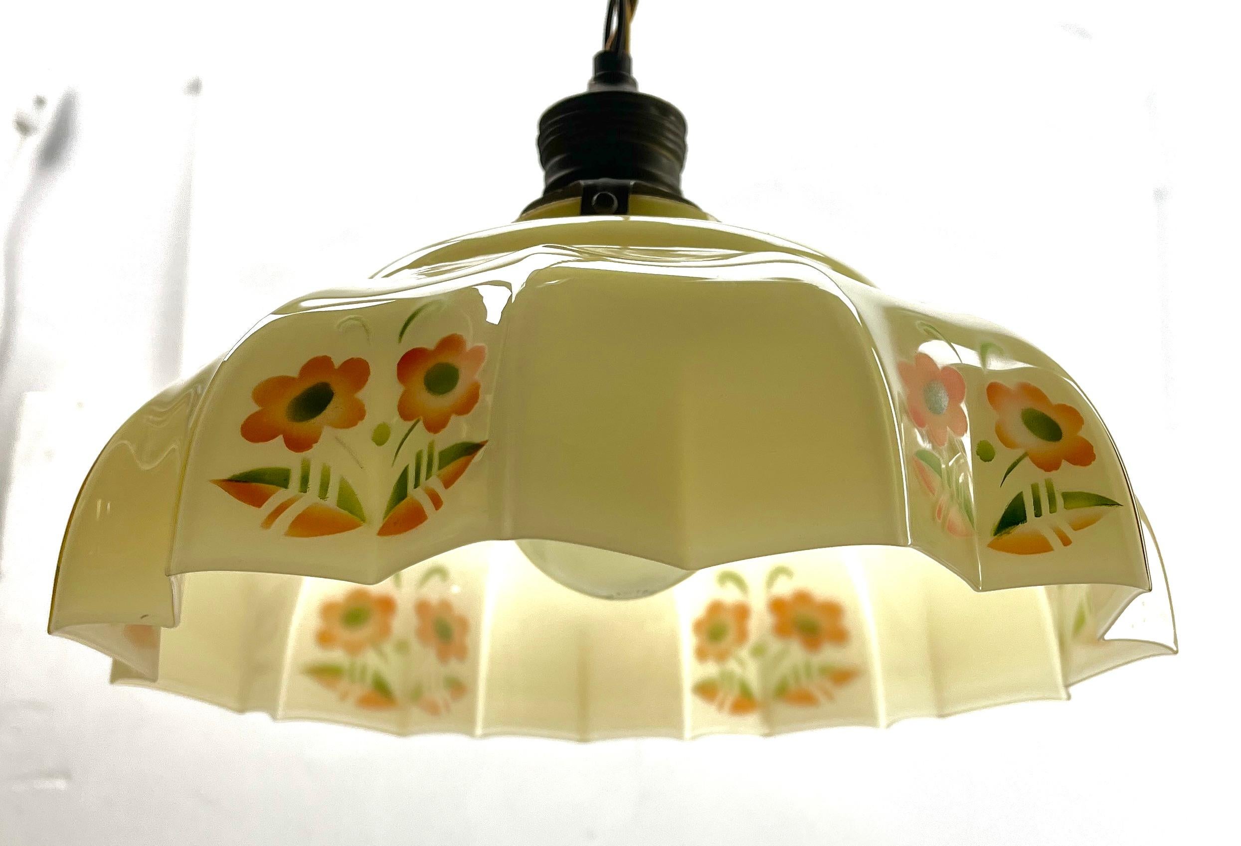 Opaline Glass Art Nouveau Opaline Ceiling Lamp, Scailmont Belgium Glass Shade, 1930s For Sale