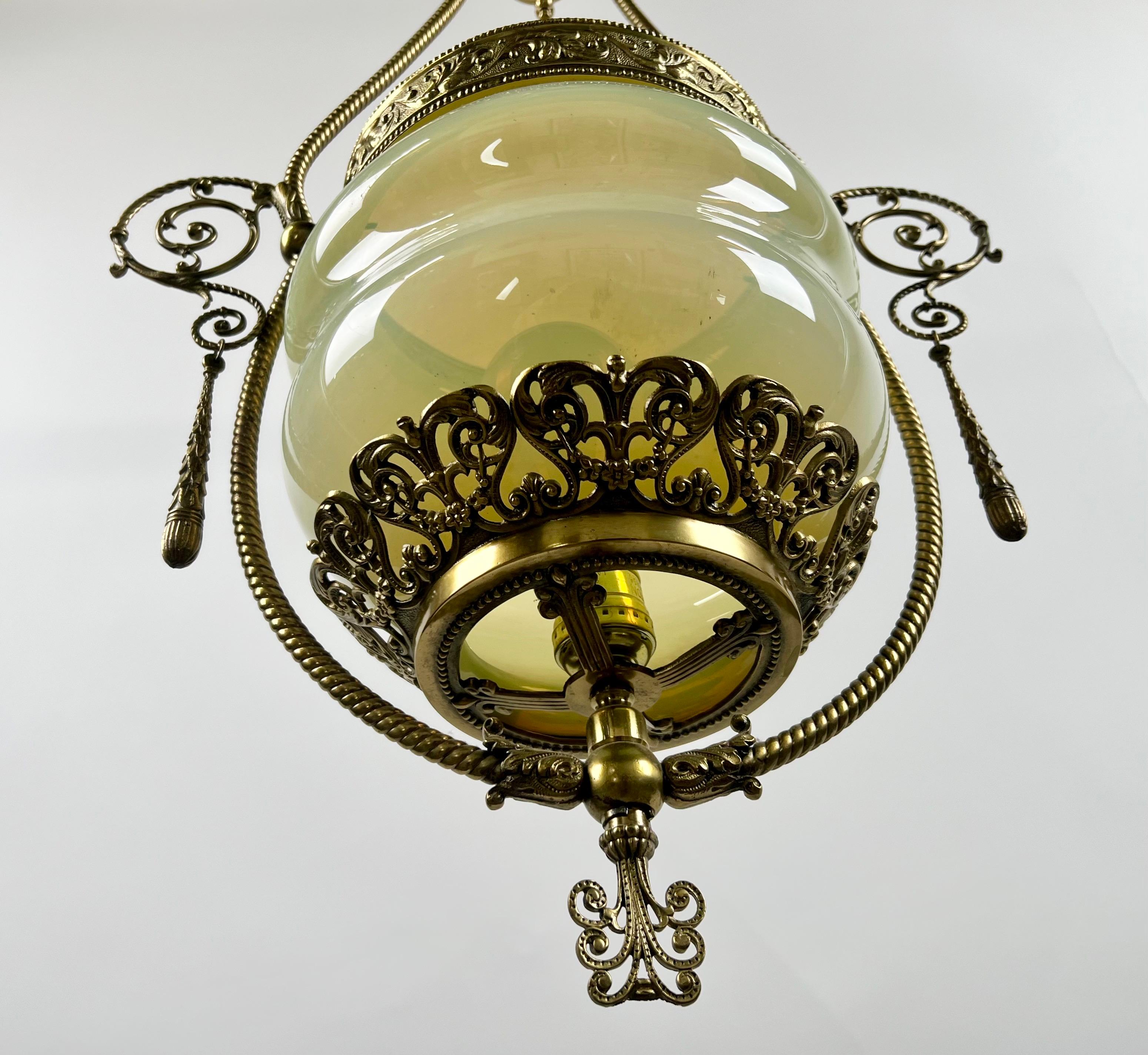 Art Nouveau Opaline Glass & Bronze Chandelier or Pendant 7
