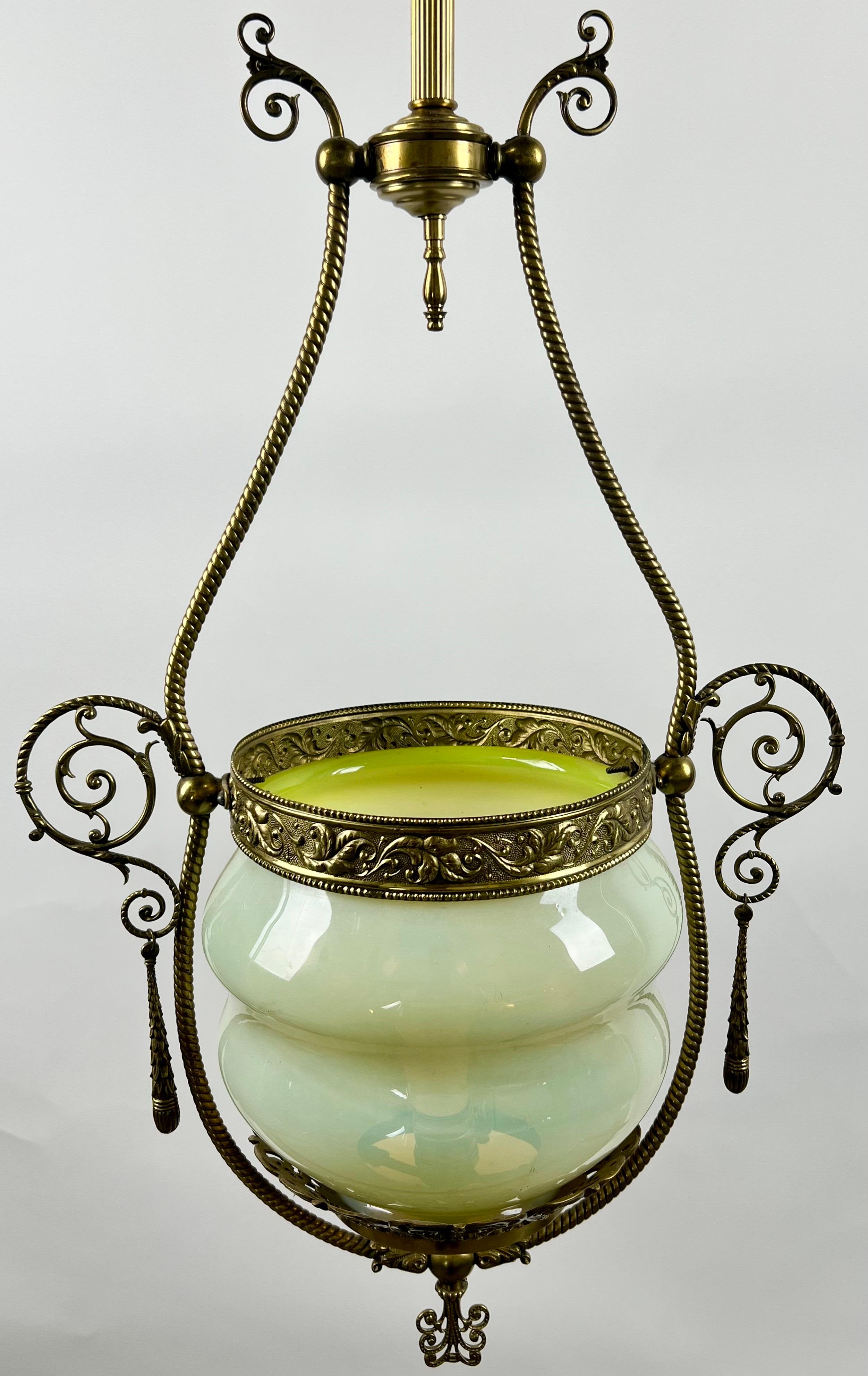 North American Art Nouveau Opaline Glass & Bronze Chandelier or Pendant