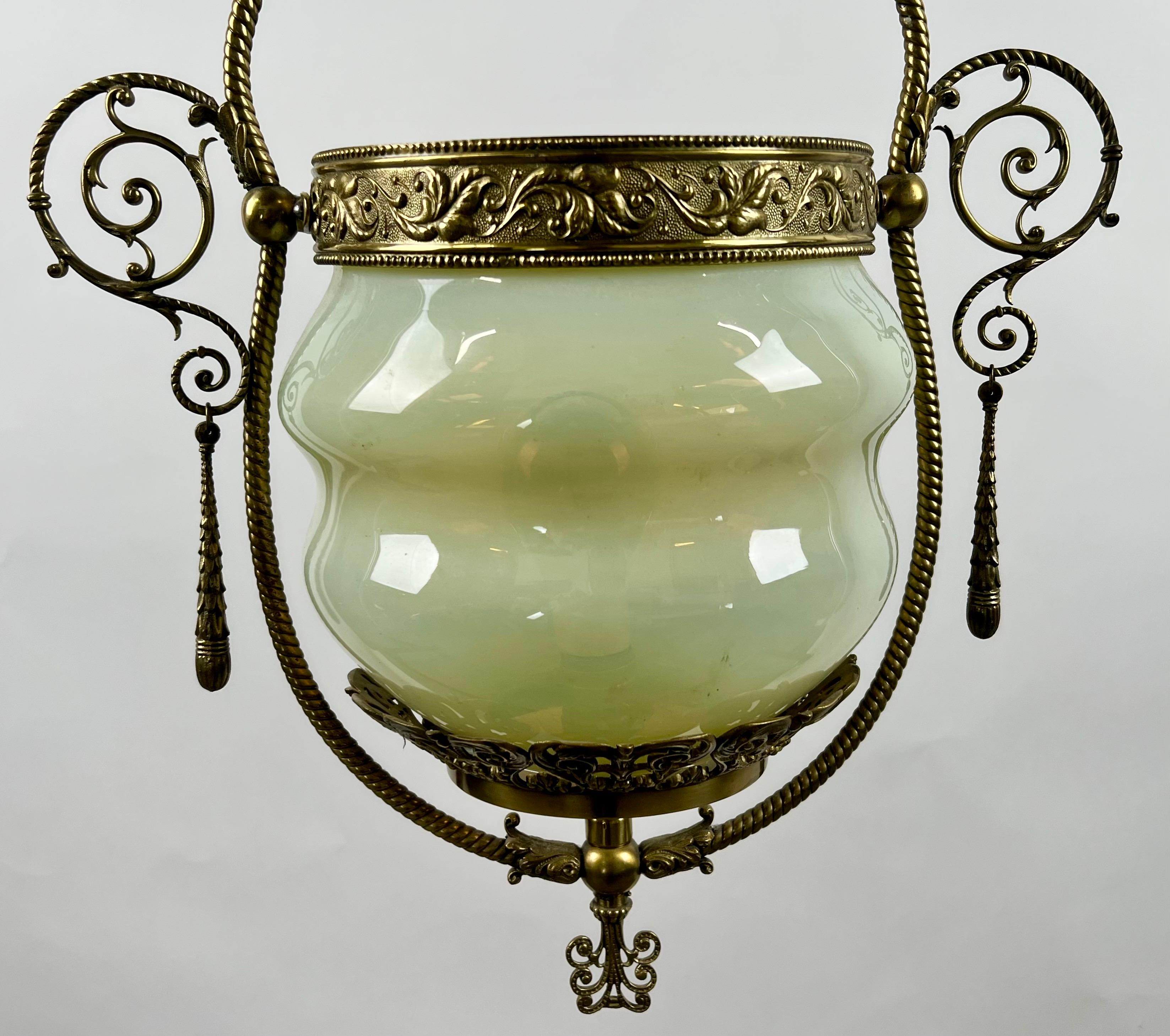 Art Nouveau Opaline Glass & Bronze Chandelier or Pendant In Good Condition In Plainview, NY