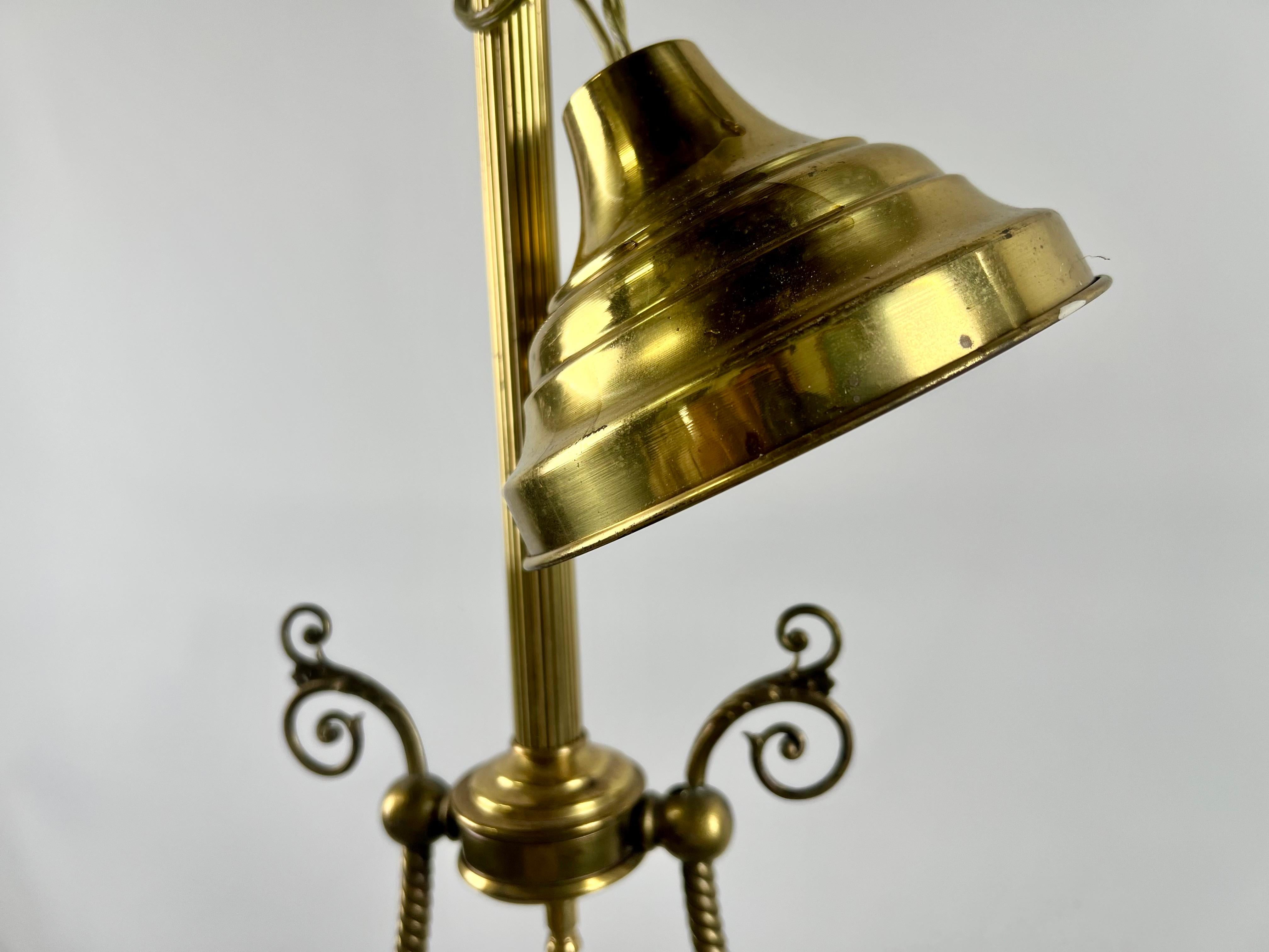 Brass Art Nouveau Opaline Glass & Bronze Chandelier or Pendant