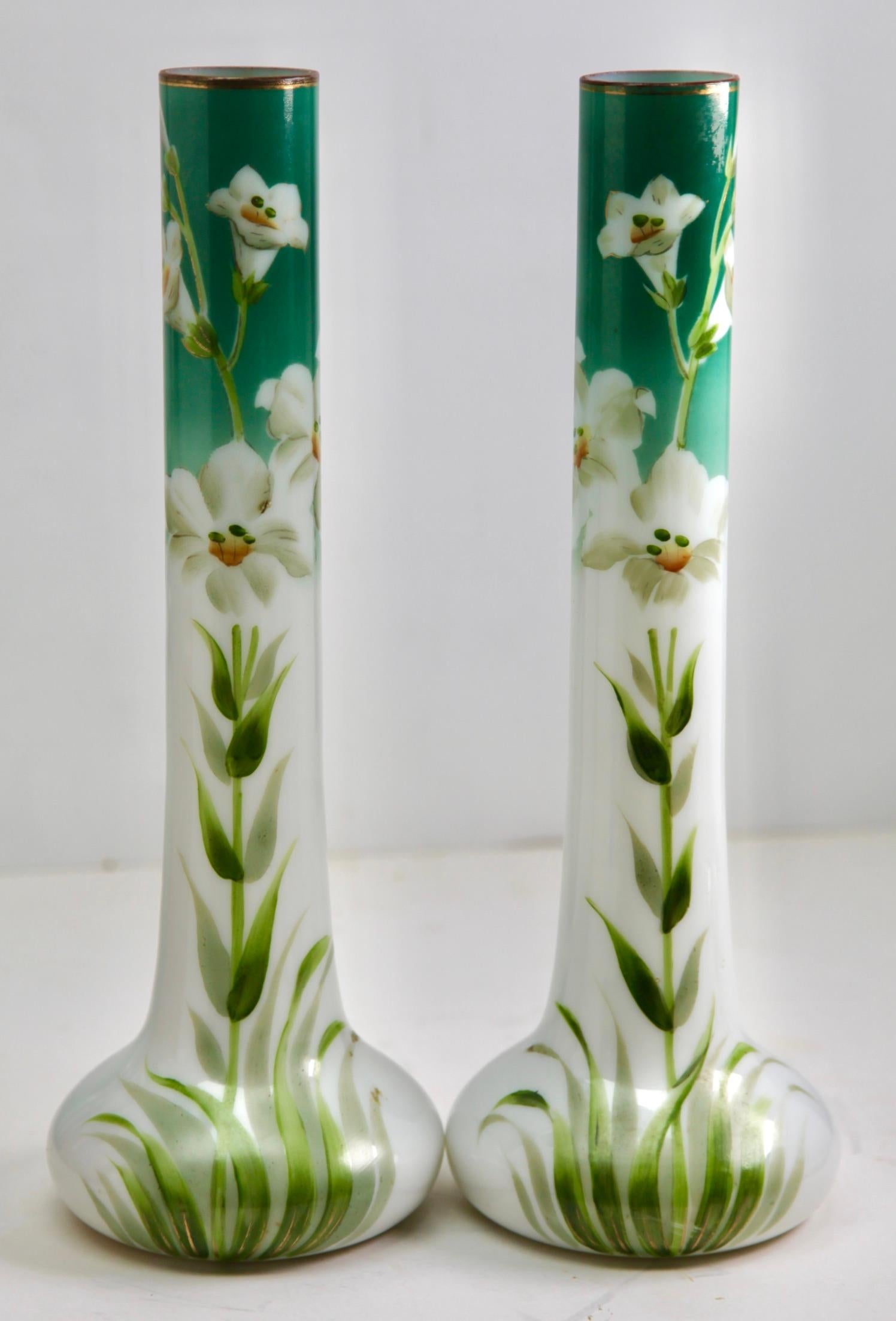 Art Nouveau Opaline glass Handmade and Hand Painted pair of vases, France, 1920s

Handmade and hand-glazed in brilliant colored Iris flowers details.
Made in France
Art Nouveau period 1920 fine quality.

The pieces are in excellent condition