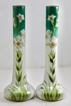 Art Nouveau Opaline Glass Handmade and Hand Painted Pair of Vases, France, 1920s