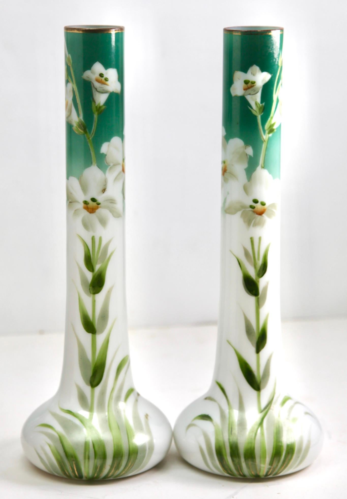 Art Nouveau Opaline Glass Handmade and Hand Painted Pair of Vases, France, 1920s For Sale 1