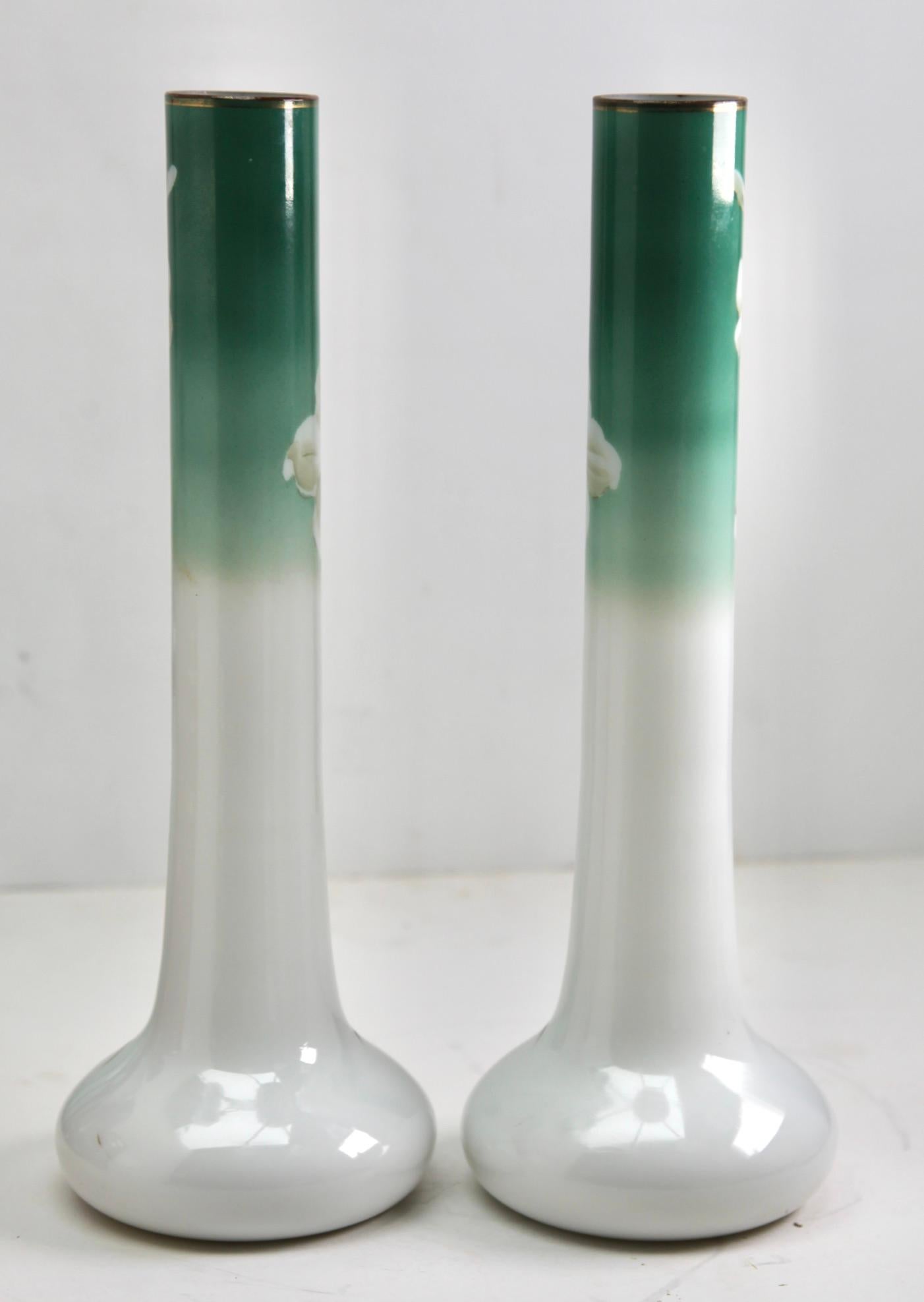 Art Nouveau Opaline Glass Handmade and Hand Painted Pair of Vases, France, 1920s For Sale 2